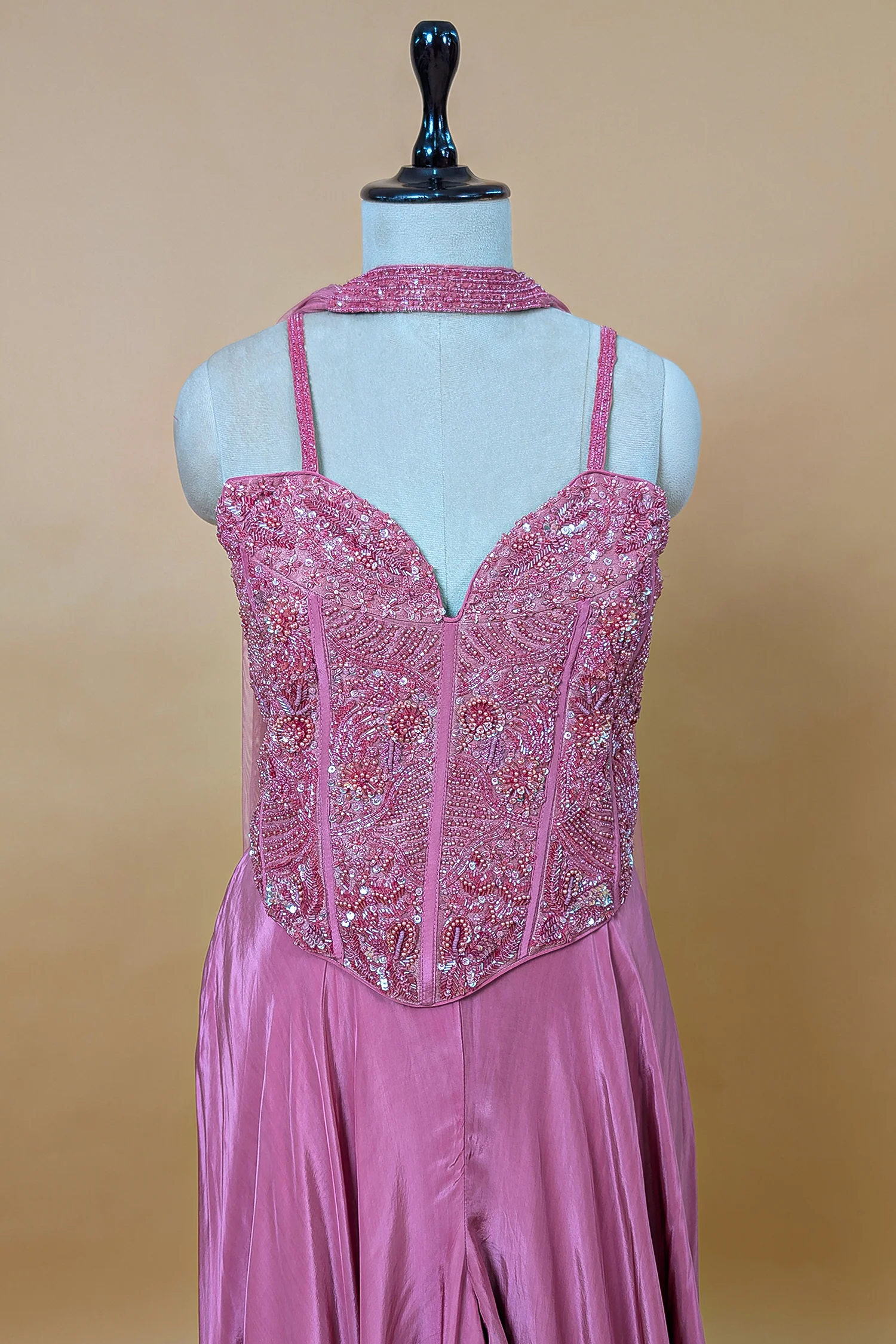 Mauve Pink Net Beaded and Cutdana Worked Corset Palazzo Set - Image 4