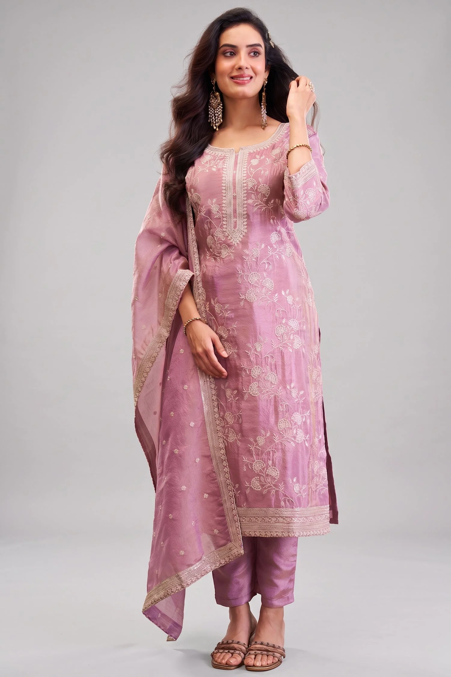 Mauve Pink Tissue Silk Thread Embroidered Straight Cut Suit