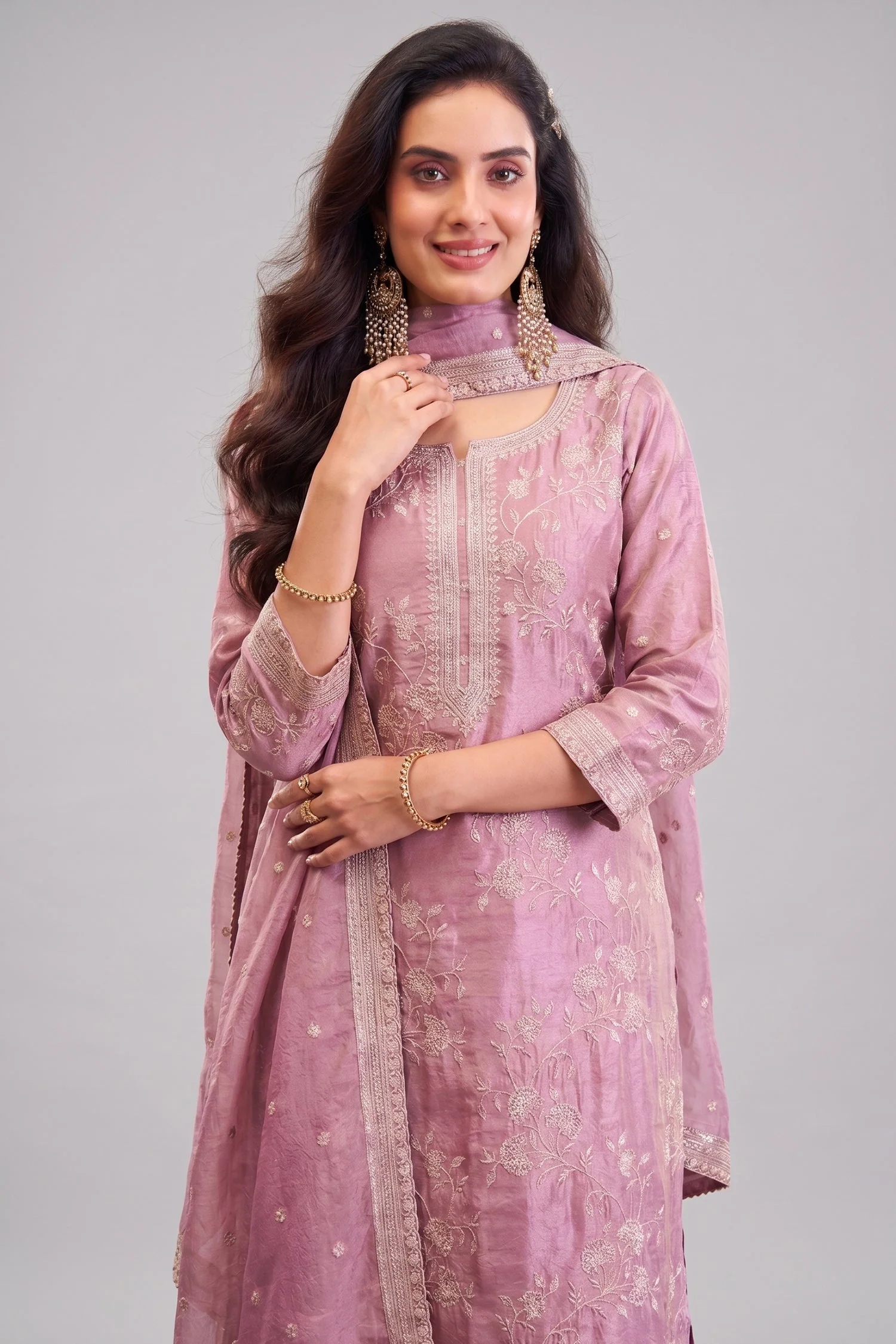 Mauve Pink Tissue Silk Thread Embroidered Straight Cut Suit - Image 2