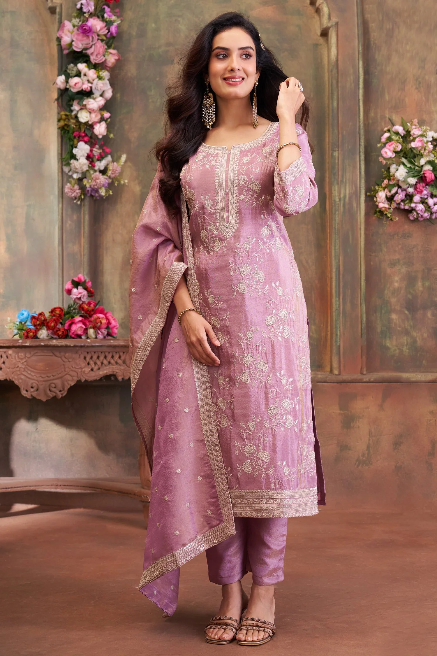 Mauve Pink Tissue Silk Thread Embroidered Straight Cut Suit - Image 3