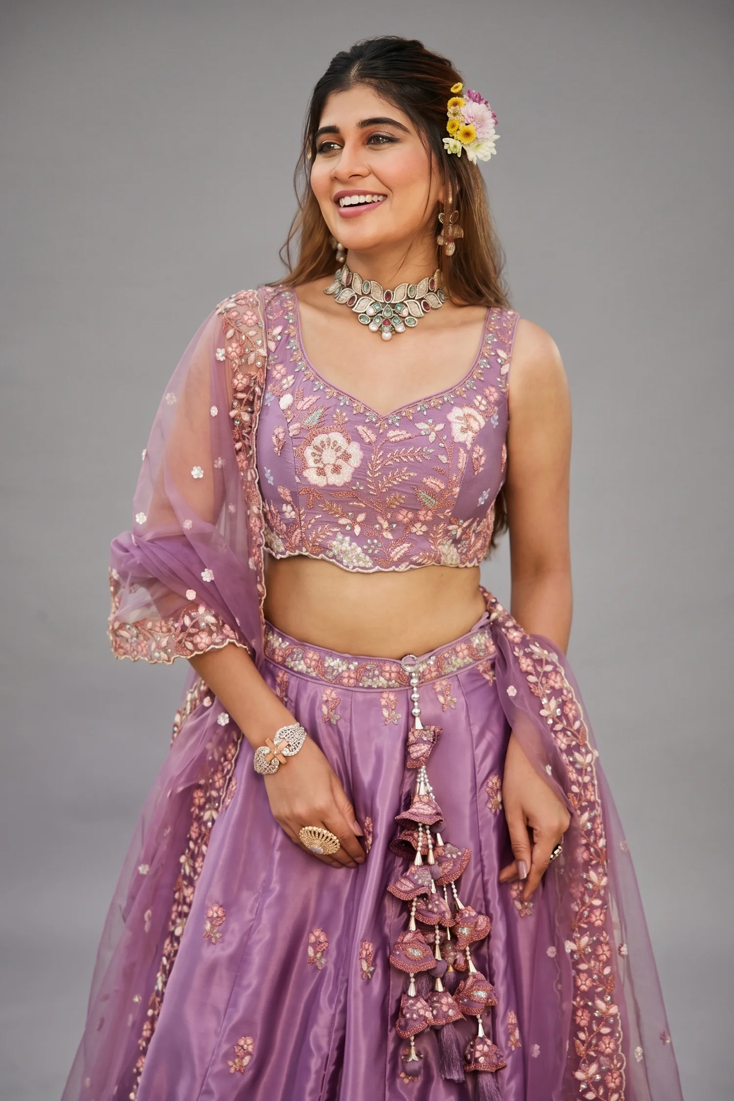 Mauve Purple Satin Floral Sequin Embroidered Lehenga - Image 2