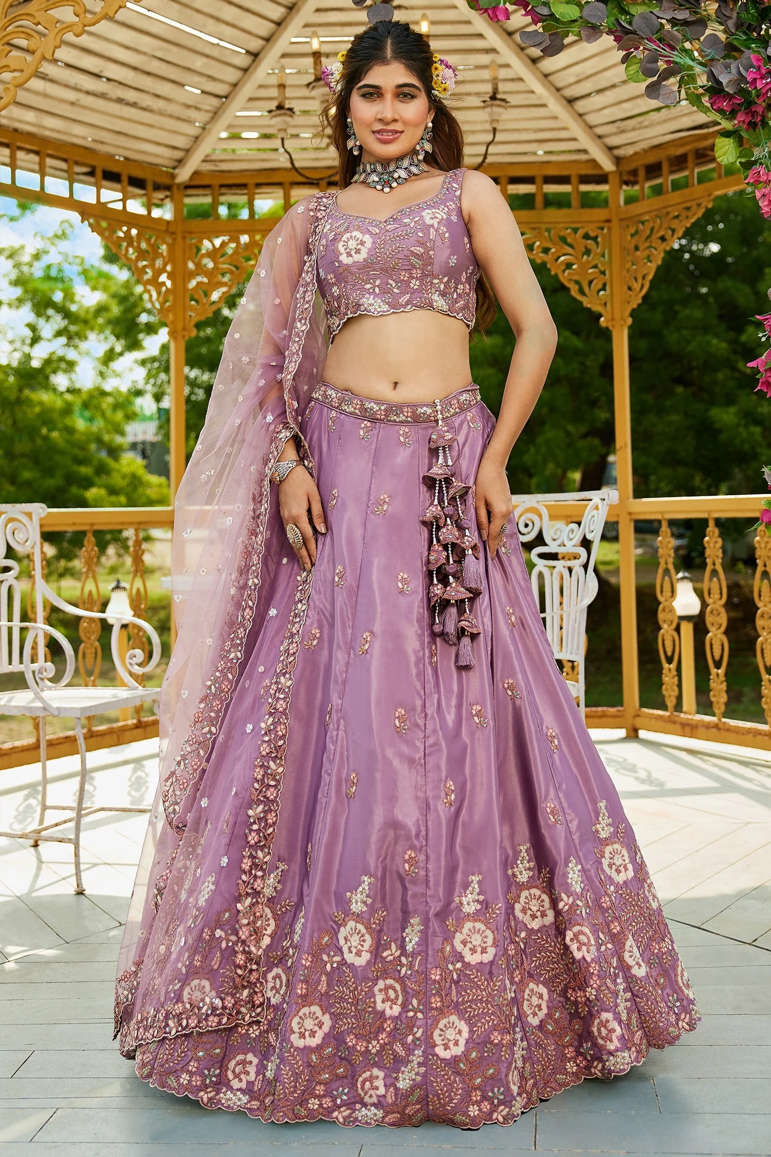 Mauve Purple Satin Floral Sequin Embroidered Lehenga - Image 3