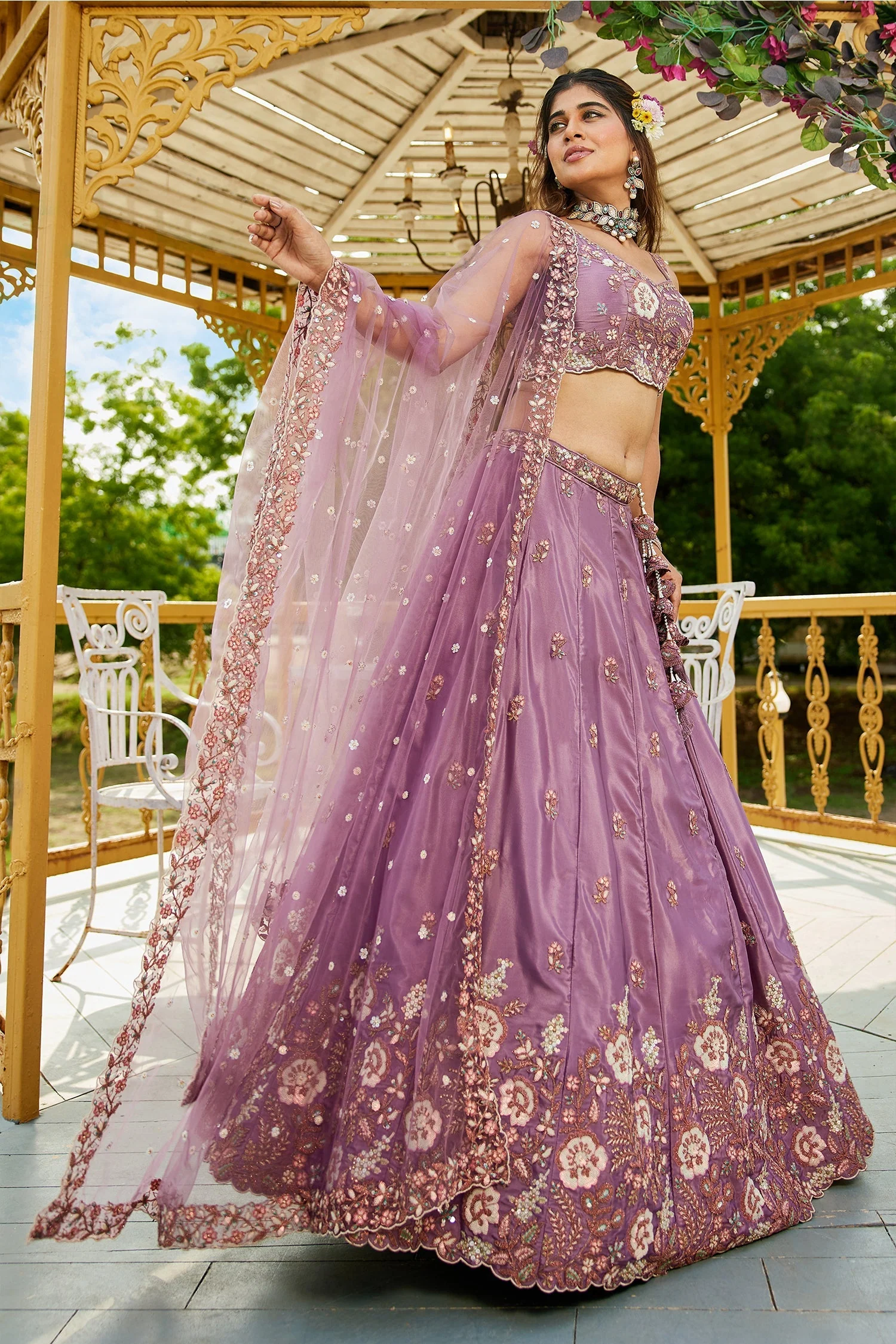 Mauve Purple Satin Floral Sequin Embroidered Lehenga - Image 4