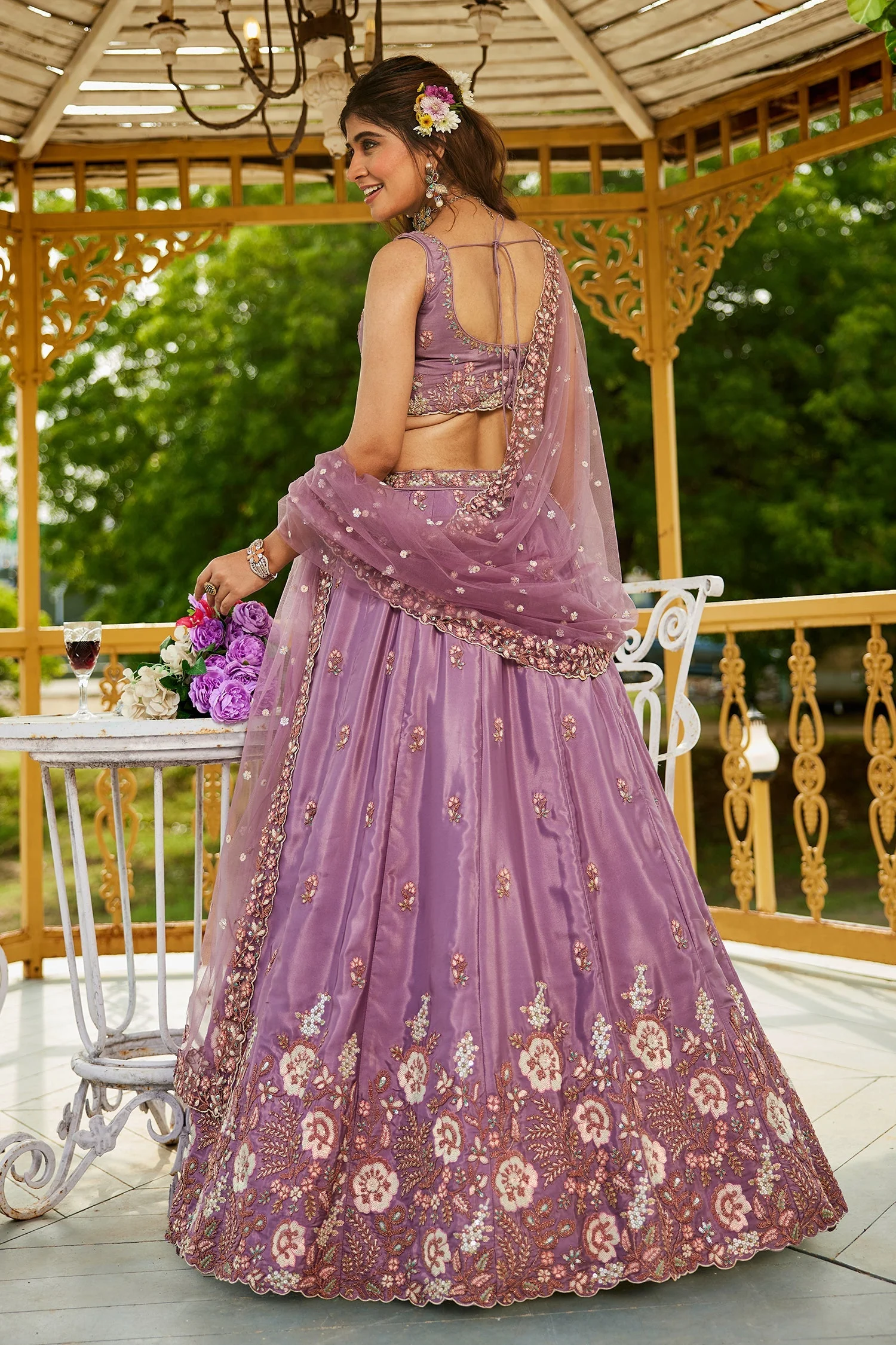 Mauve Purple Satin Floral Sequin Embroidered Lehenga - Image 5