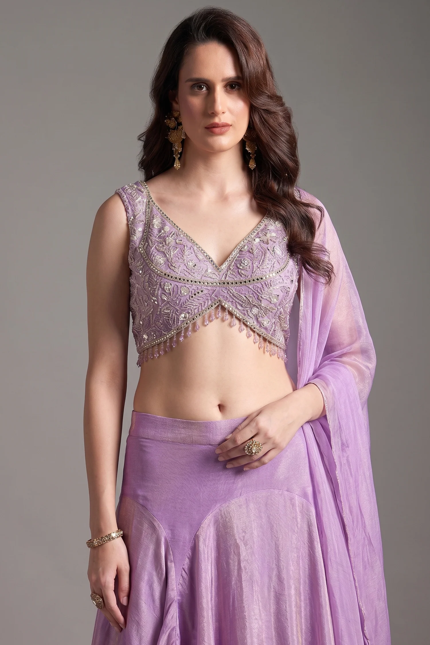 Mauve Purple Tissue Silk Mermaid Cut Lehenga with Beaded and Sequin Work - Image 2