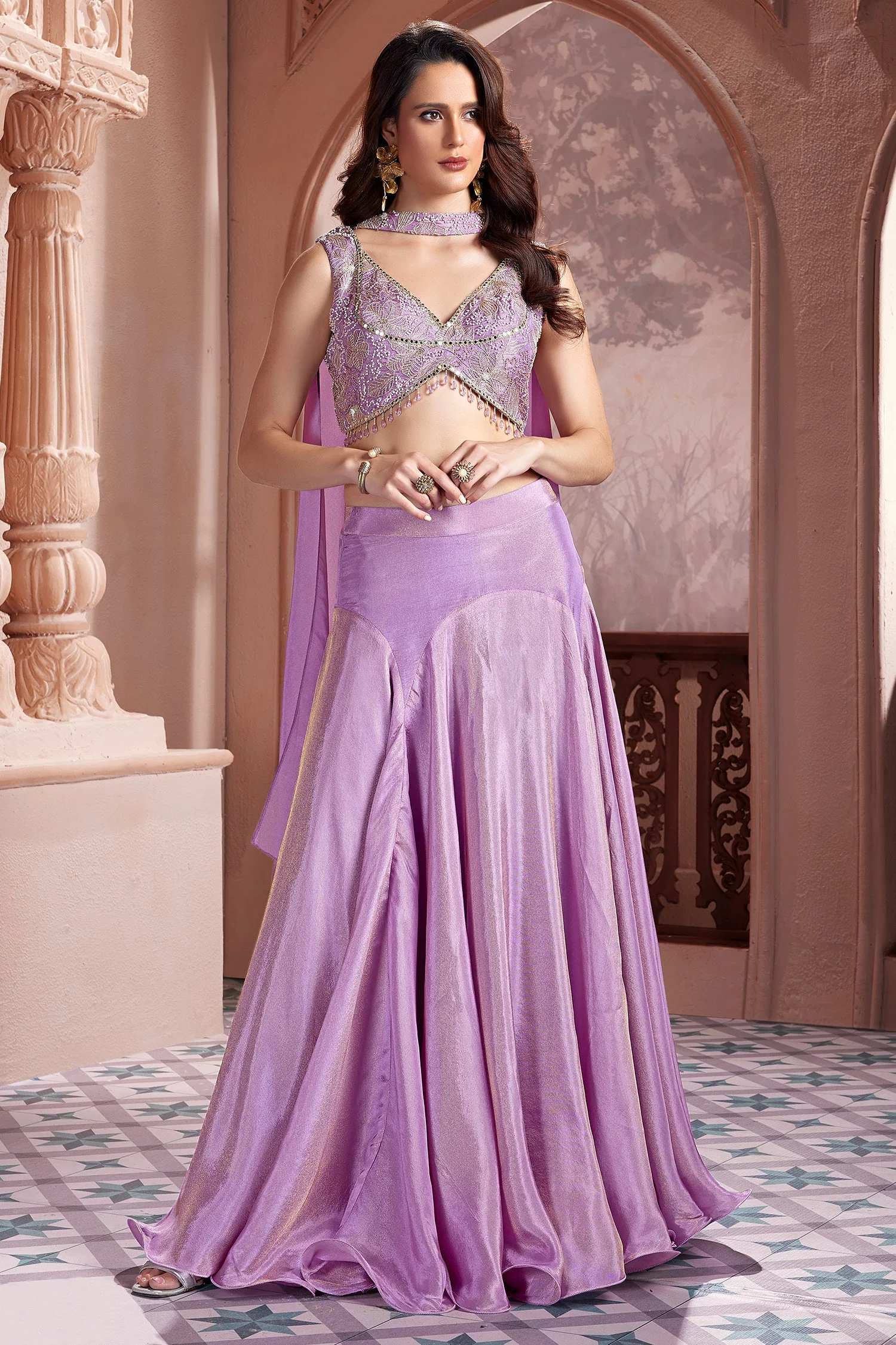 Mauve Purple Tissue Silk Mermaid Cut Lehenga with Beaded and Sequin Work - Image 3