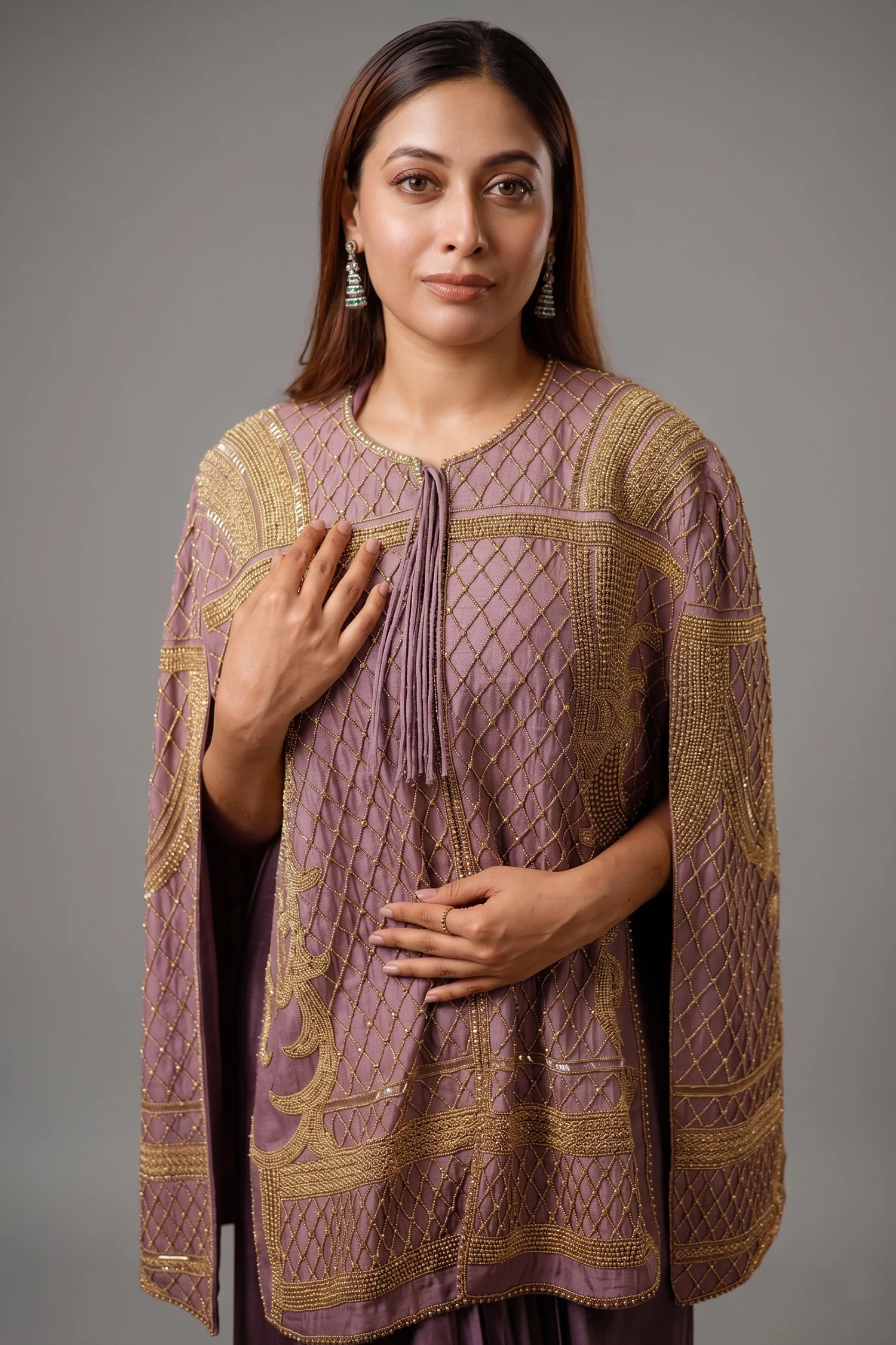 Mauve Raw Silk Beaded Contemporary Indo-Western Co-ord Set - Image 2