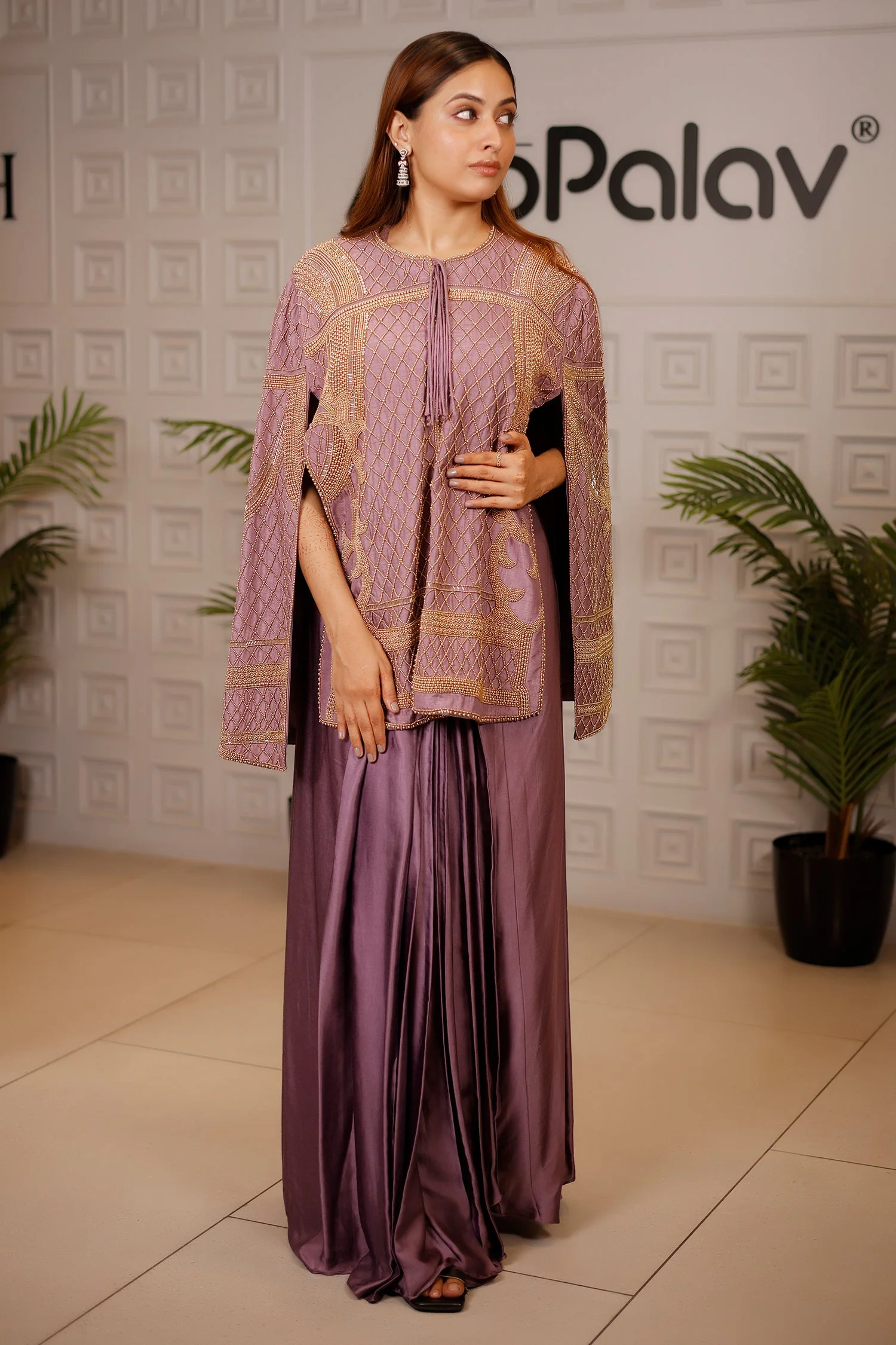 Mauve Raw Silk Beaded Contemporary Indo-Western Co-ord Set - Image 4