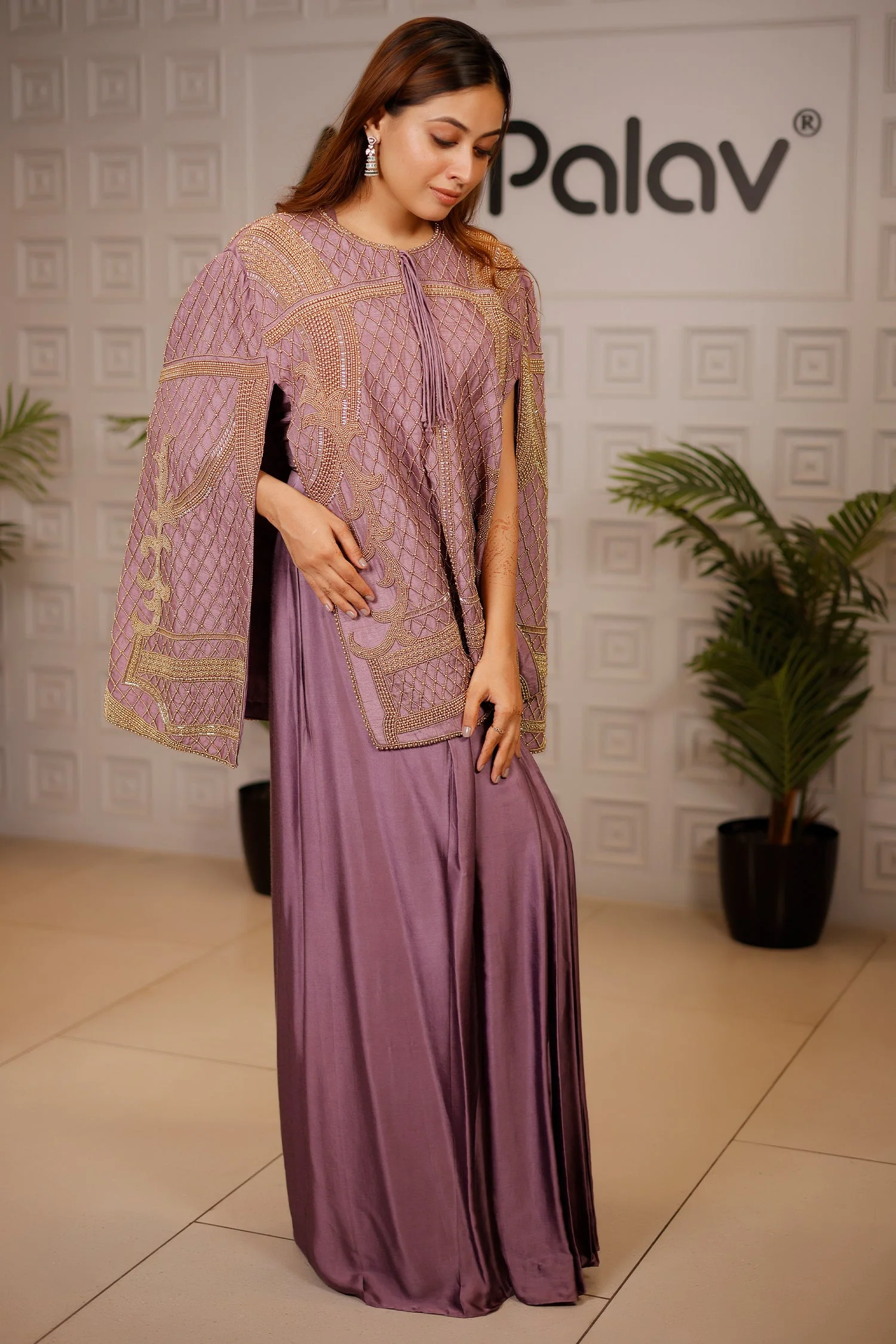 Mauve Raw Silk Beaded Contemporary Indo-Western Co-ord Set - Image 5