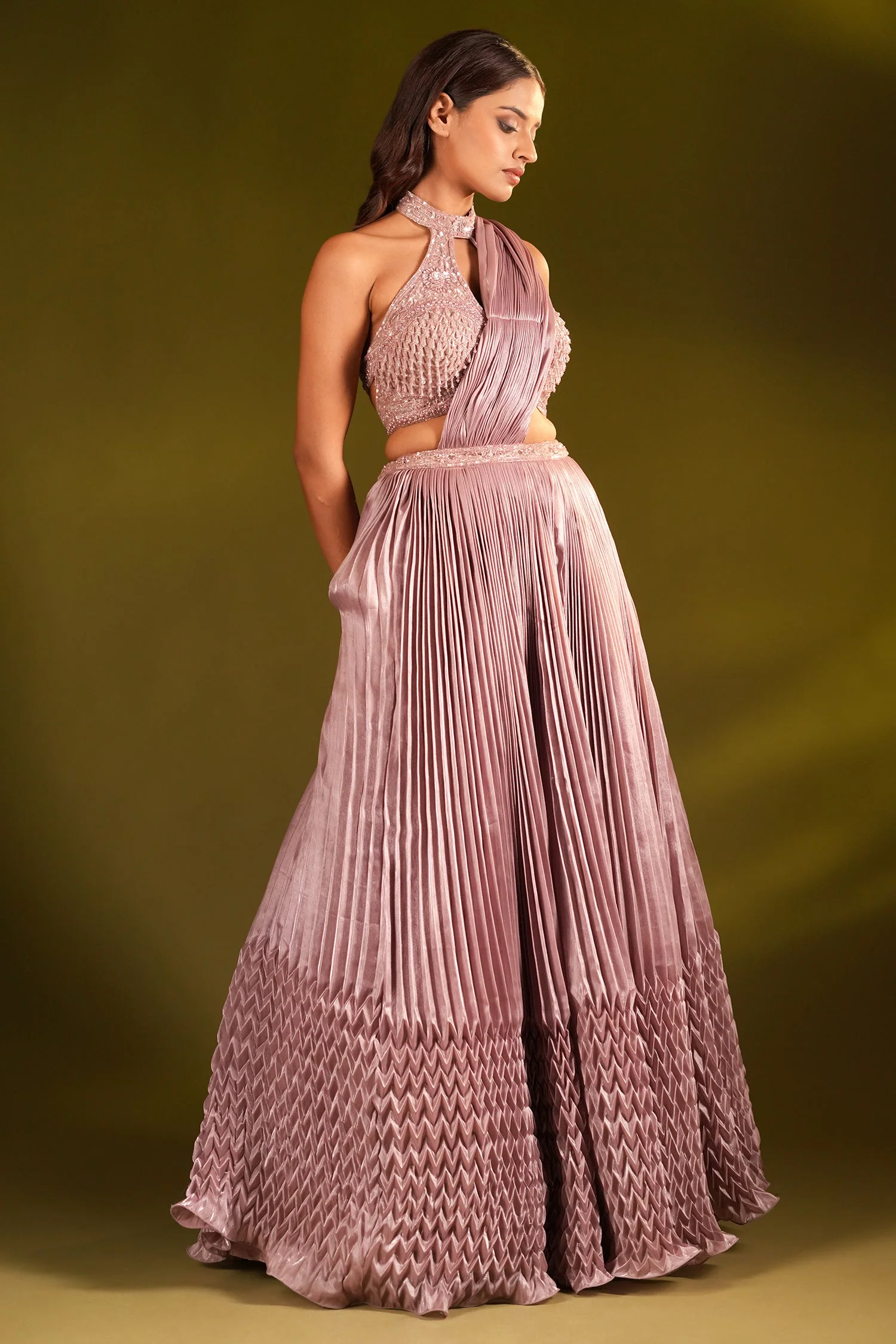 Mauve Satin Organza Sculpted Pleated Lehenga with Halter Neck Embellished Blouse - Image 2