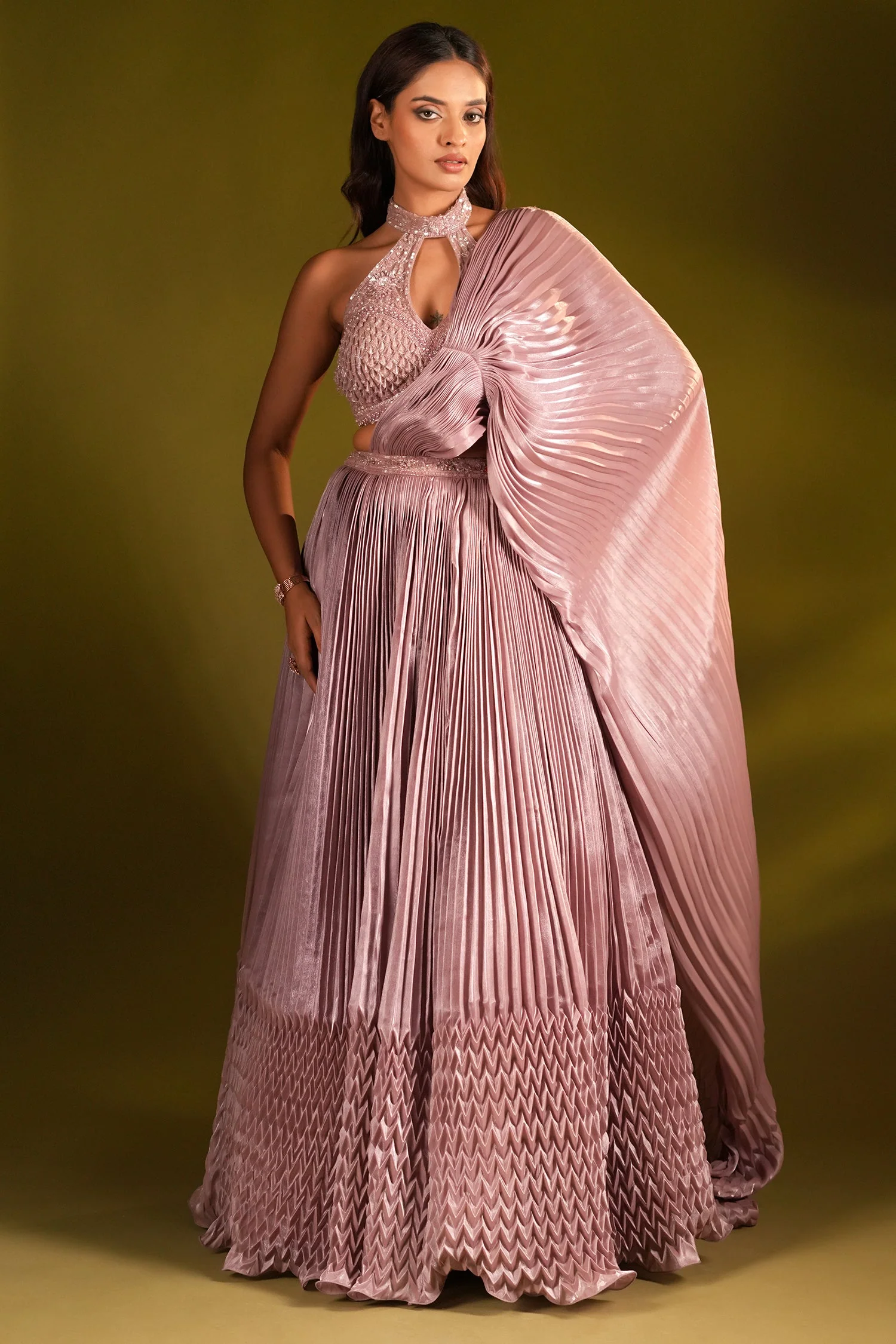 Mauve Satin Organza Sculpted Pleated Lehenga with Halter Neck Embellished Blouse - Image 3