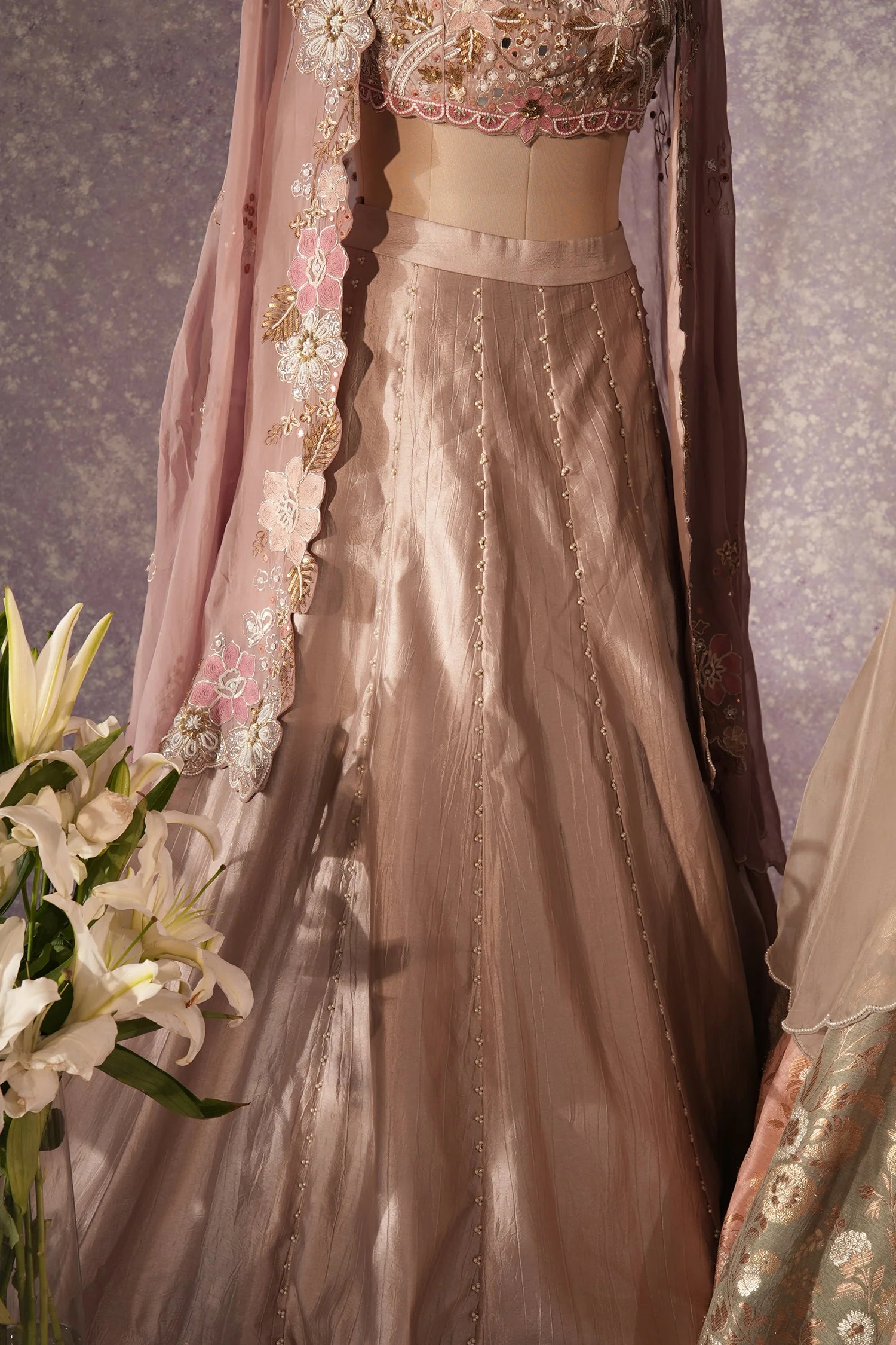 Mauve Silk Designer Sequin Beaded Crop Top Lehenga with Cape Jacket - Image 5