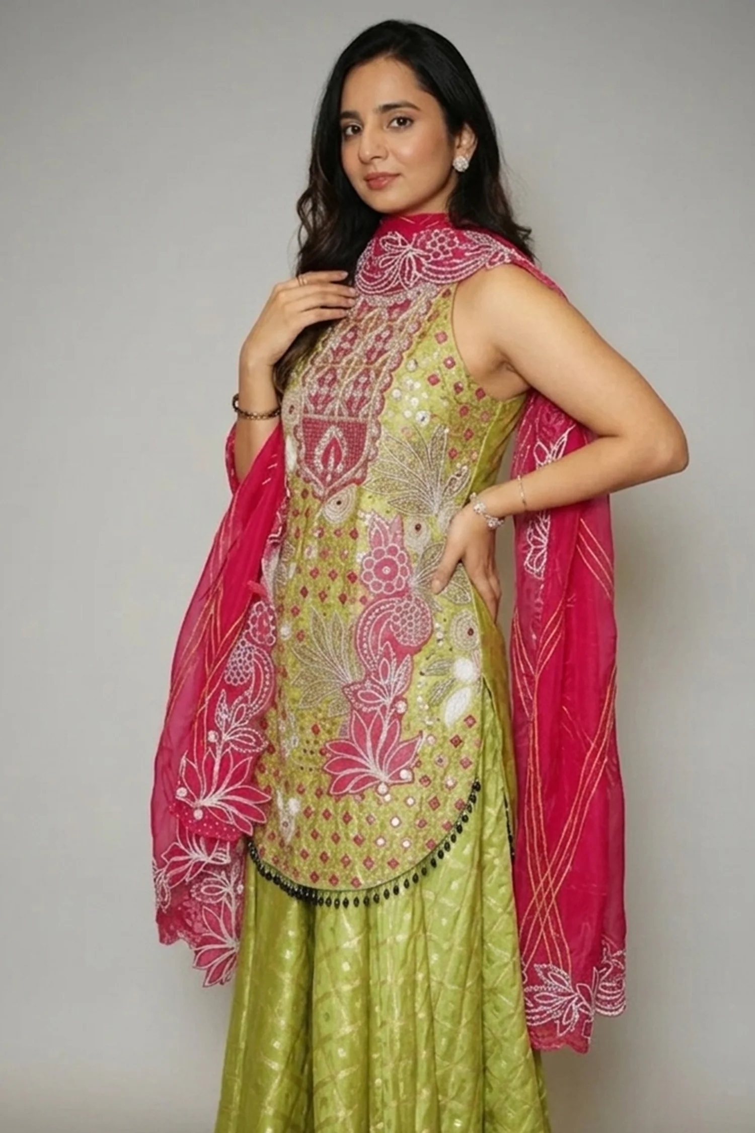 Mehendi Green Raw Silk Mirror and Beads Work Halter Neck Palazzo Suit - Image 2
