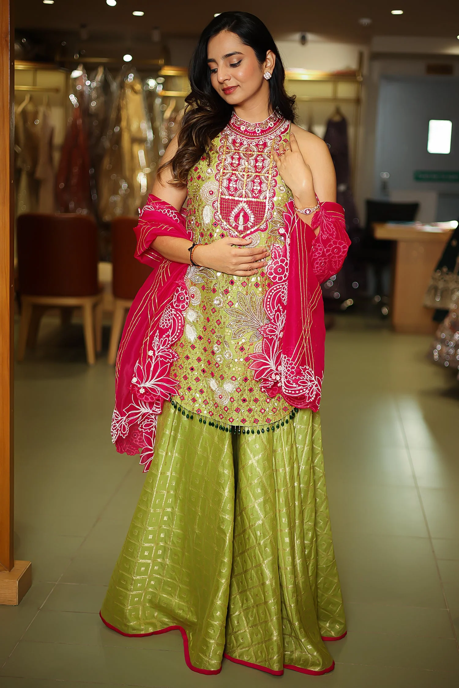 Mehendi Green Raw Silk Mirror and Beads Work Halter Neck Palazzo Suit - Image 3