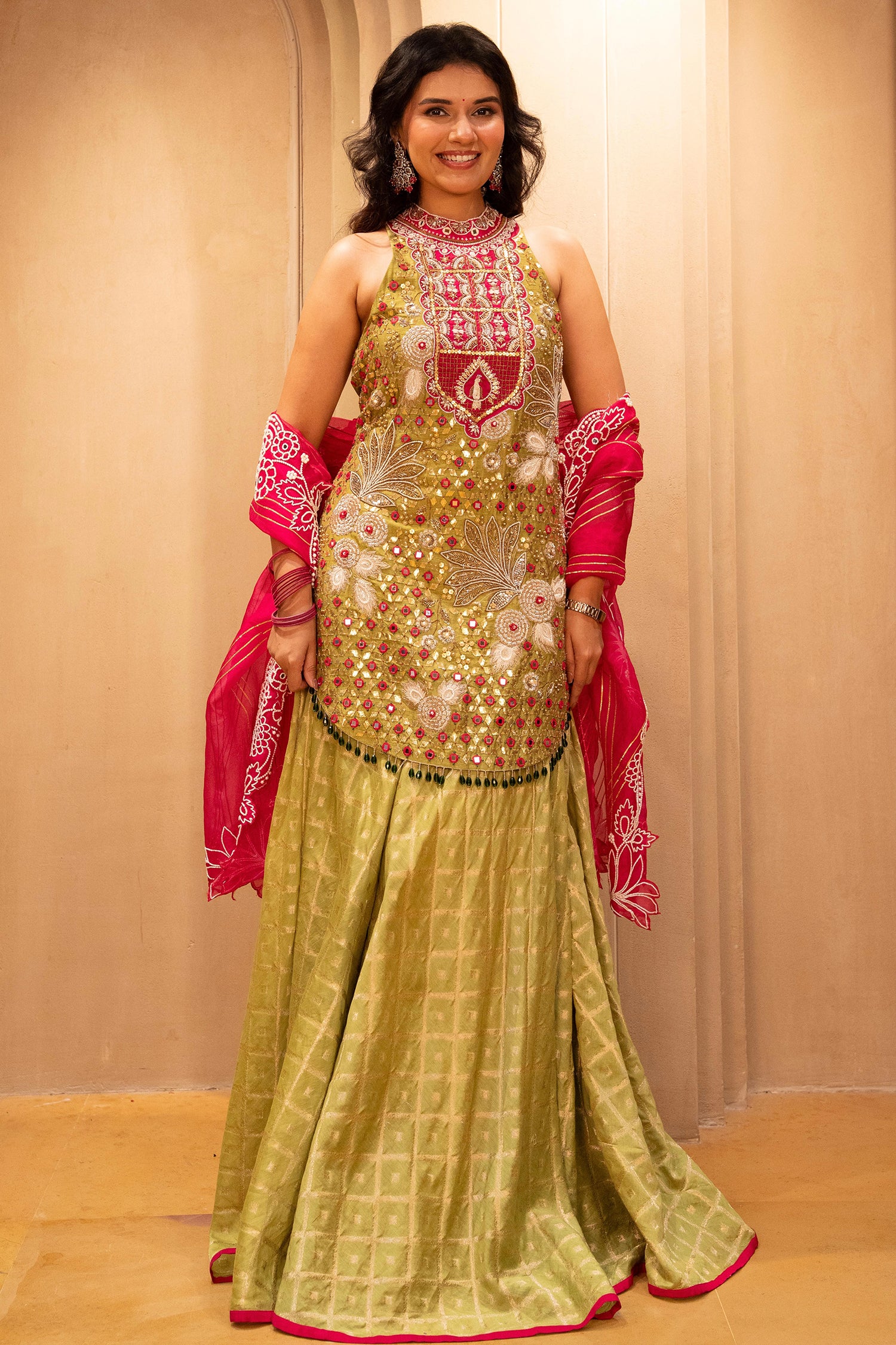 Mehendi Green Raw Silk Mirror and Beads Work Halter Neck Palazzo Suit - Image 4