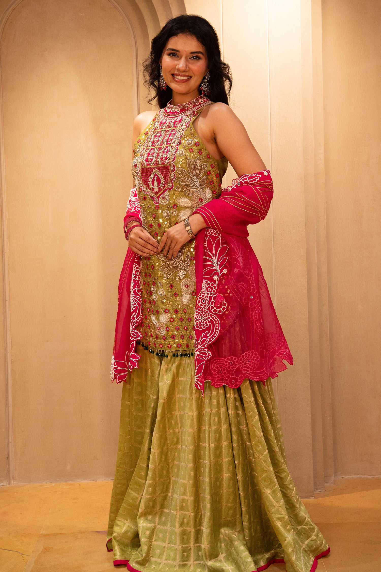 Mehendi Green Raw Silk Mirror and Beads Work Halter Neck Palazzo Suit - Image 5
