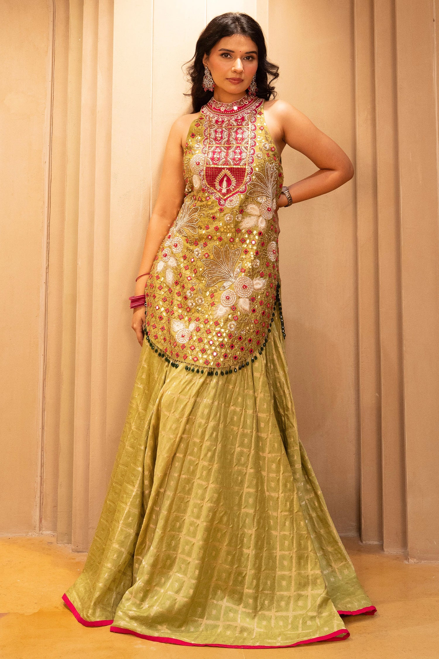 Mehendi Green Raw Silk Mirror and Beads Work Halter Neck Palazzo Suit - Image 6