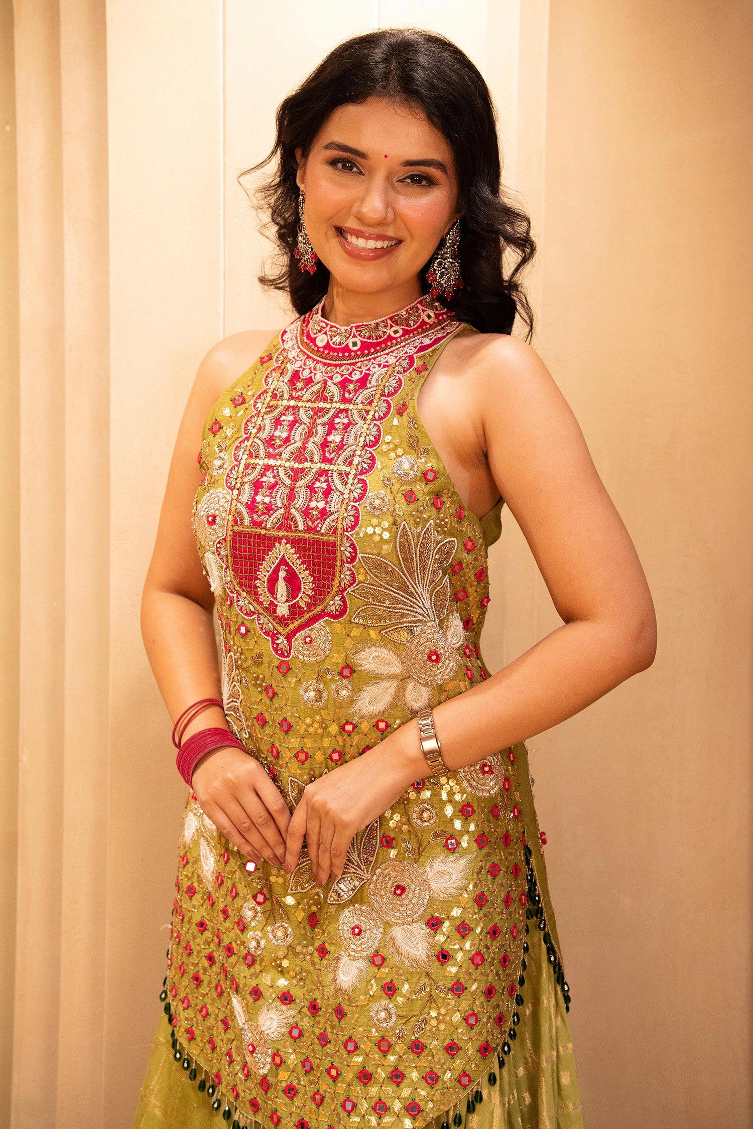 Mehendi Green Raw Silk Mirror and Beads Work Halter Neck Palazzo Suit - Image 7