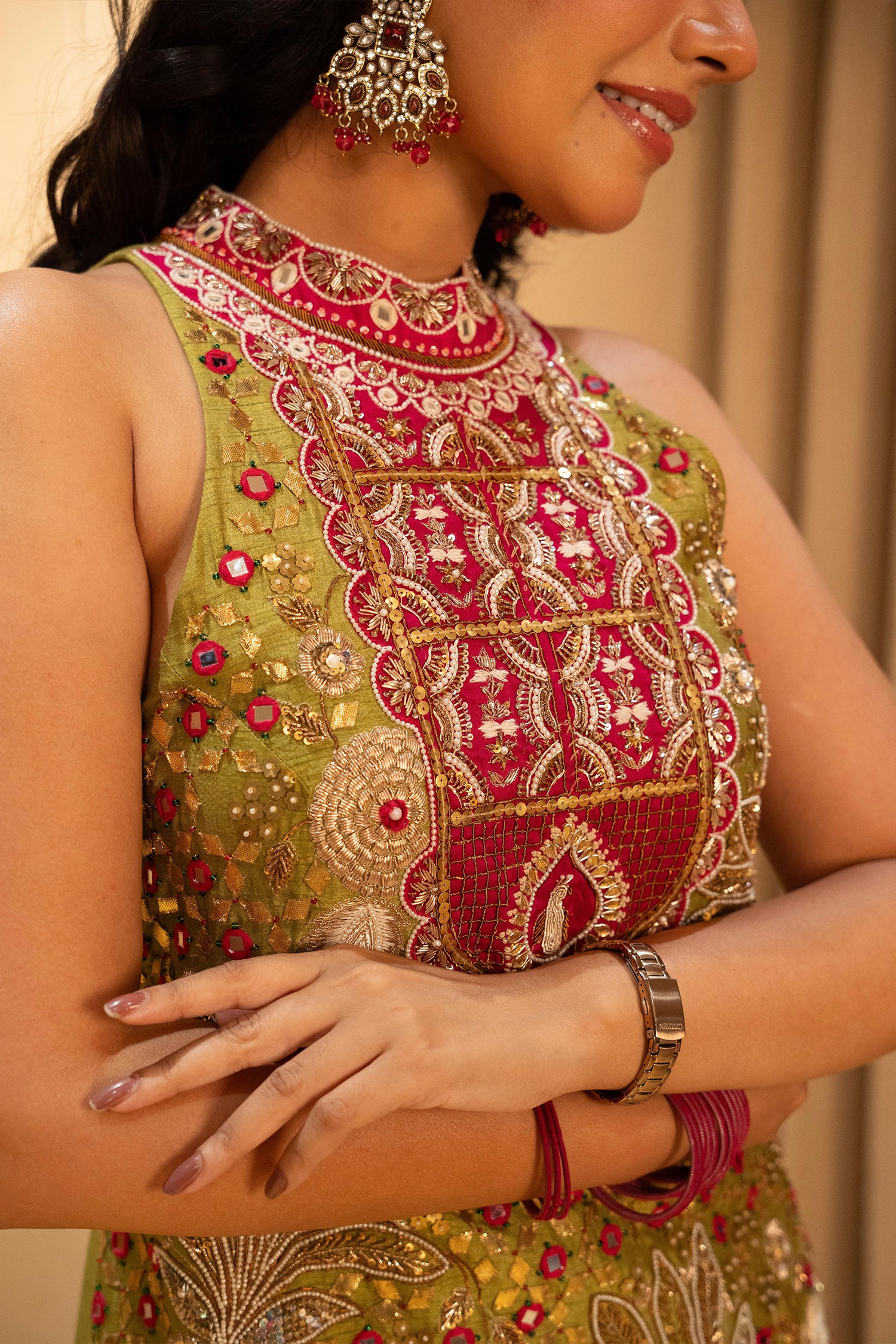 Mehendi Green Raw Silk Mirror and Beads Work Halter Neck Palazzo Suit - Image 8
