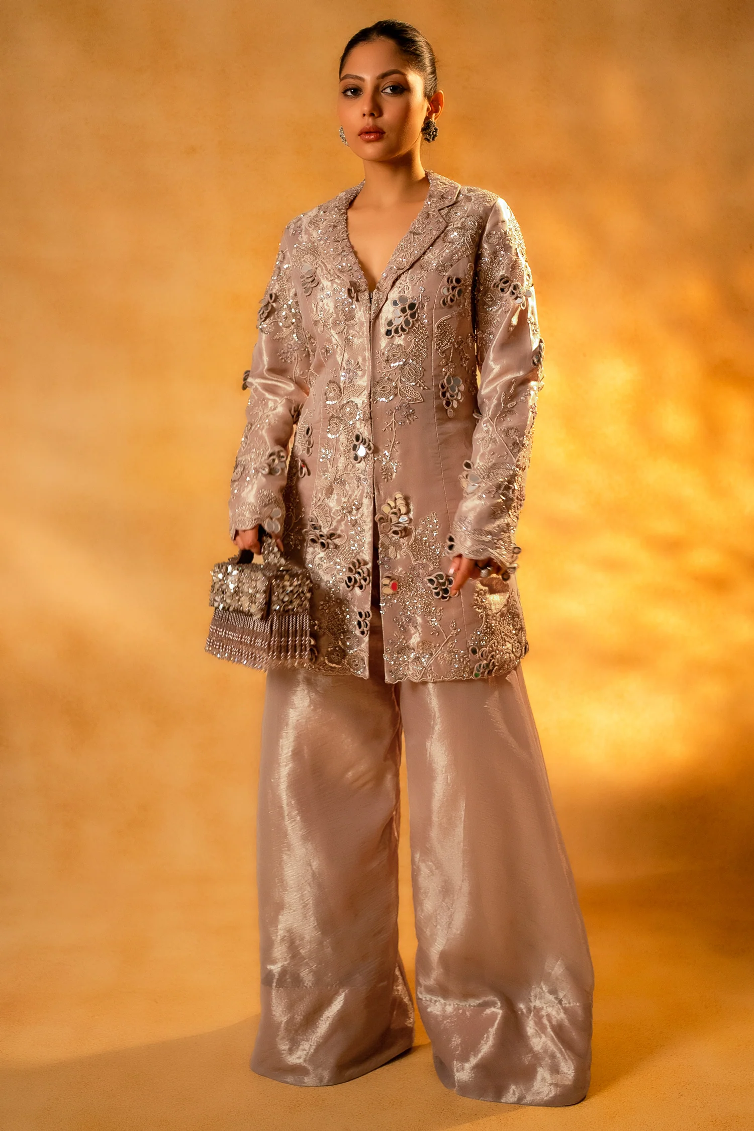 Metallic Blush Pink Organza Designer Co-Ord Set - Image 4