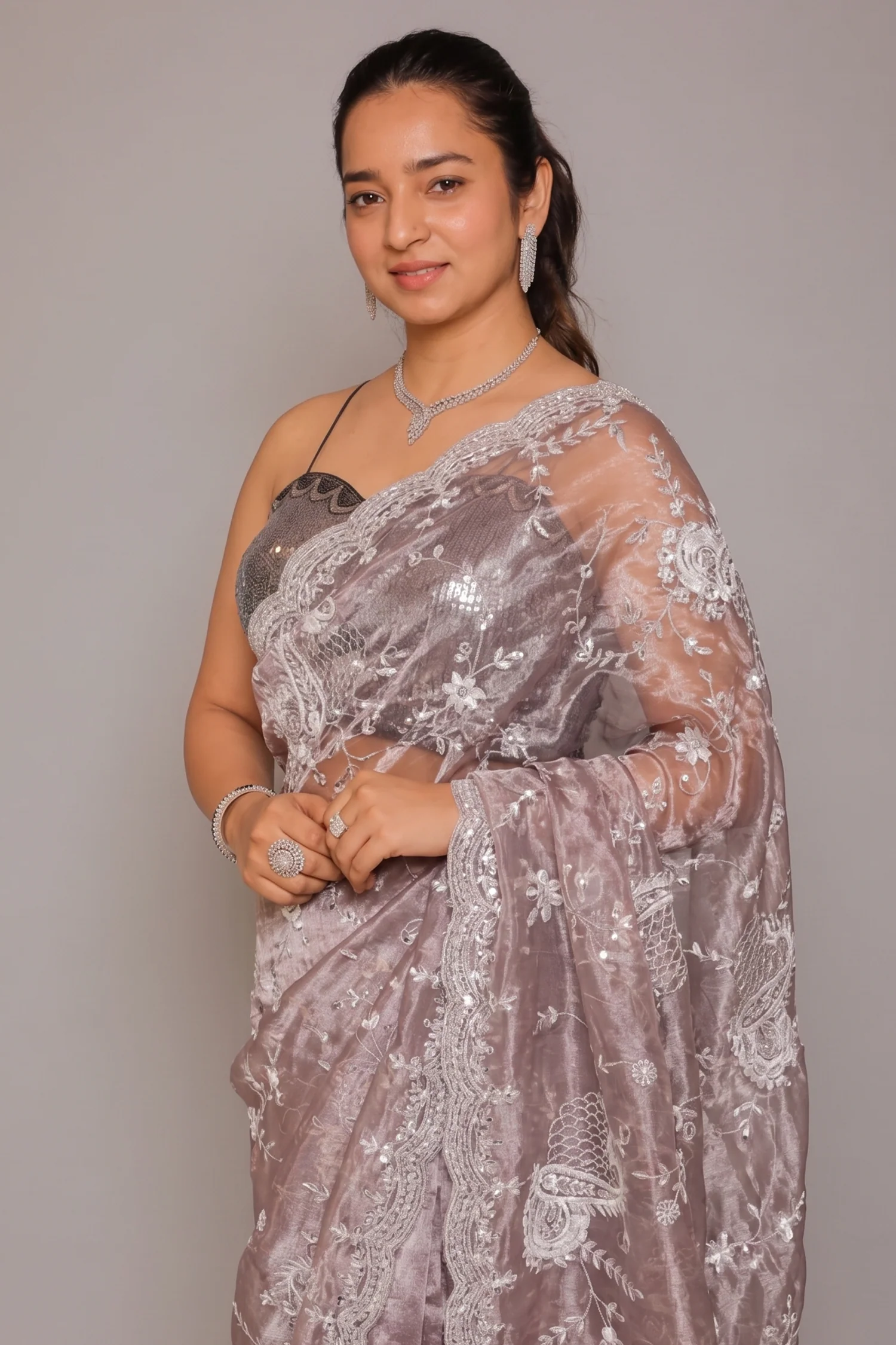 Metallic Lavender Sheen Tissue Organza Gota and Mirror worked Saree - Image 2