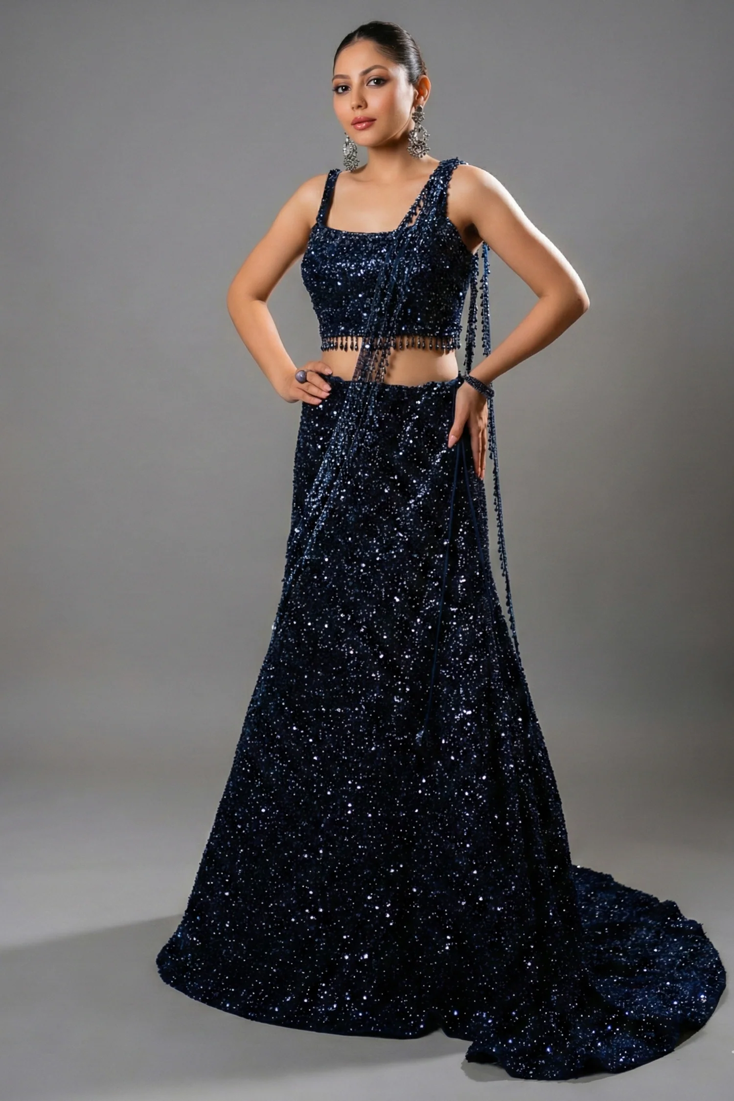 Midnight Blue Net Sequinned Draped Fishtail Lehenga
