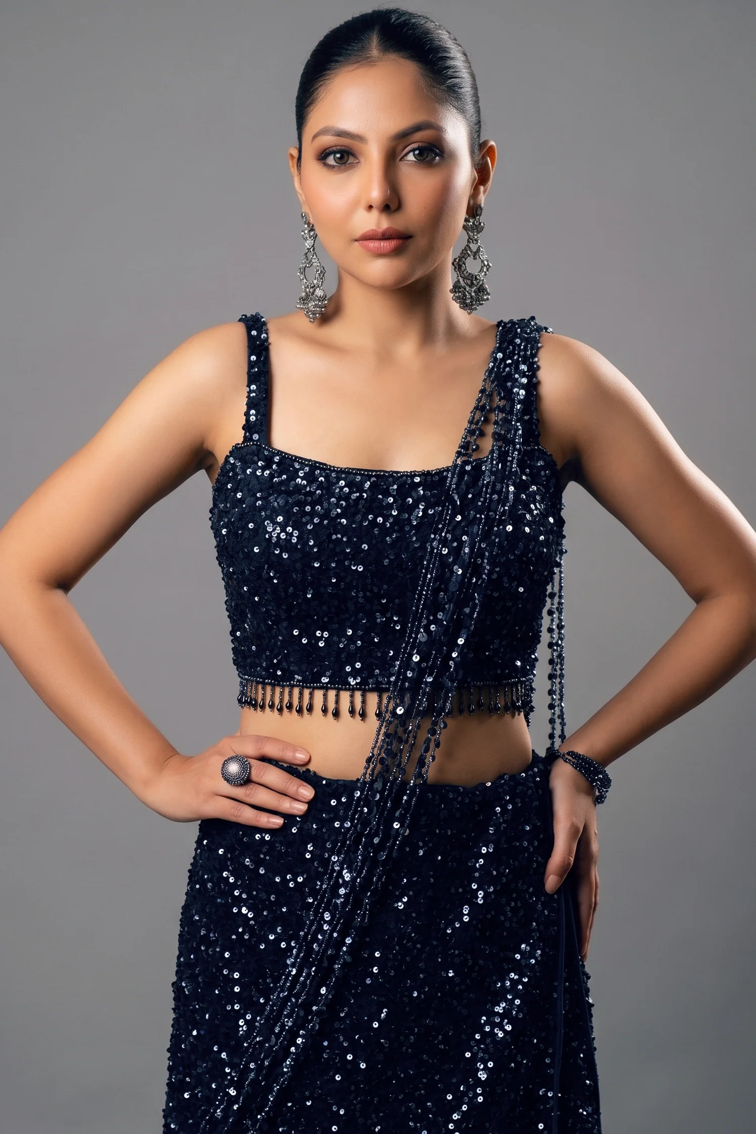 Midnight Blue Net Sequinned Draped Fishtail Lehenga - Image 2