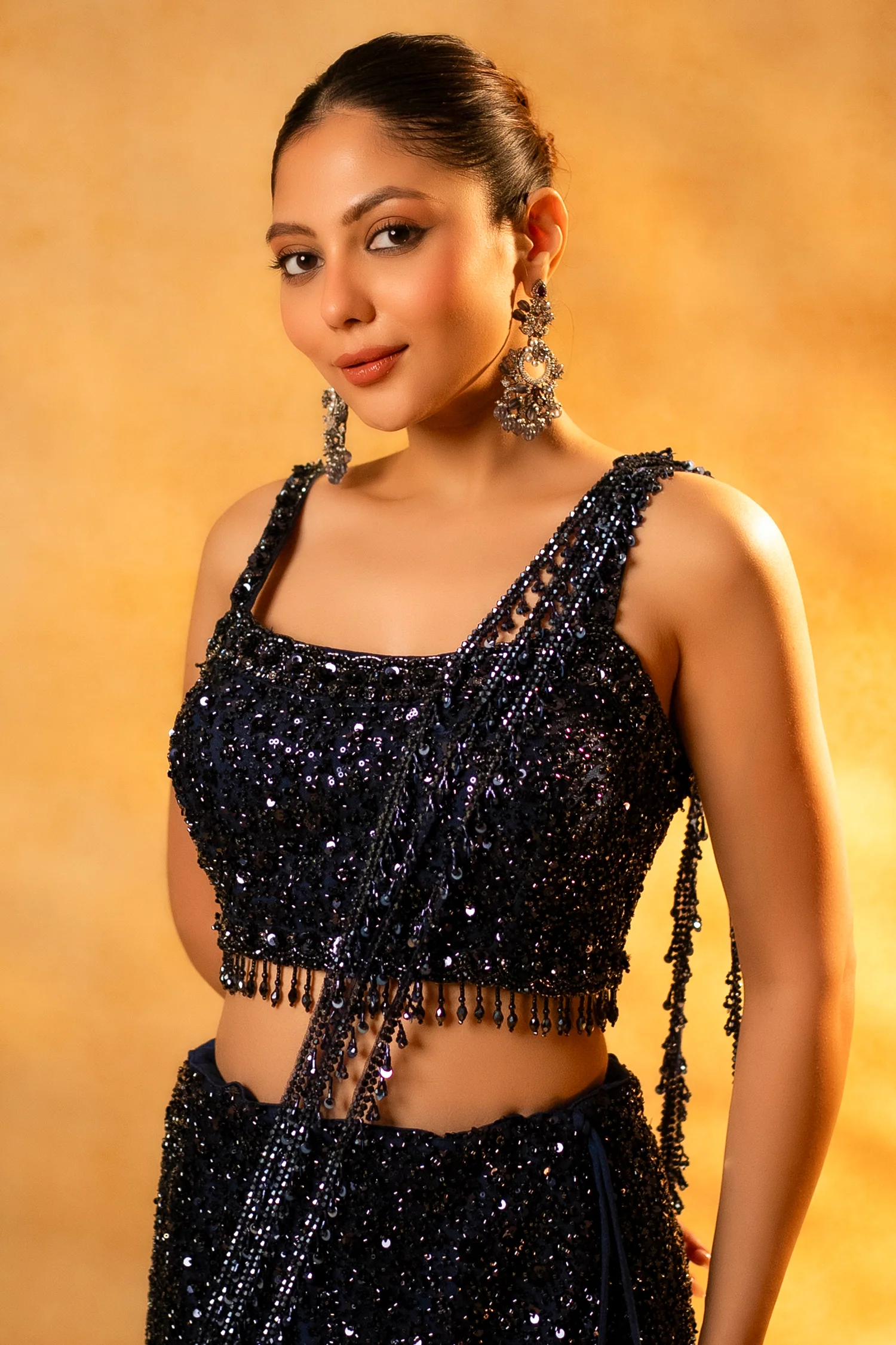 Midnight Blue Net Sequinned Draped Fishtail Lehenga - Image 4