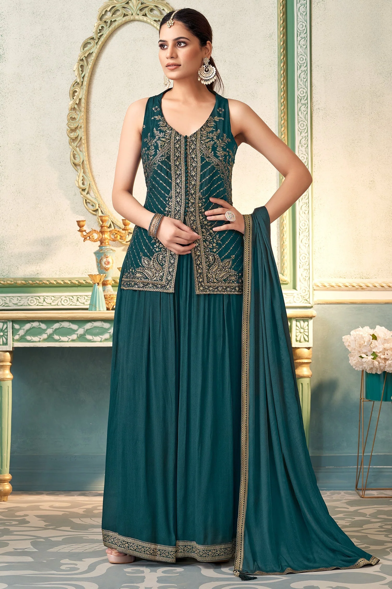Midnight Green Art Silk Woven Palazzo Suit with Sequin Cutdana Work - Image 2