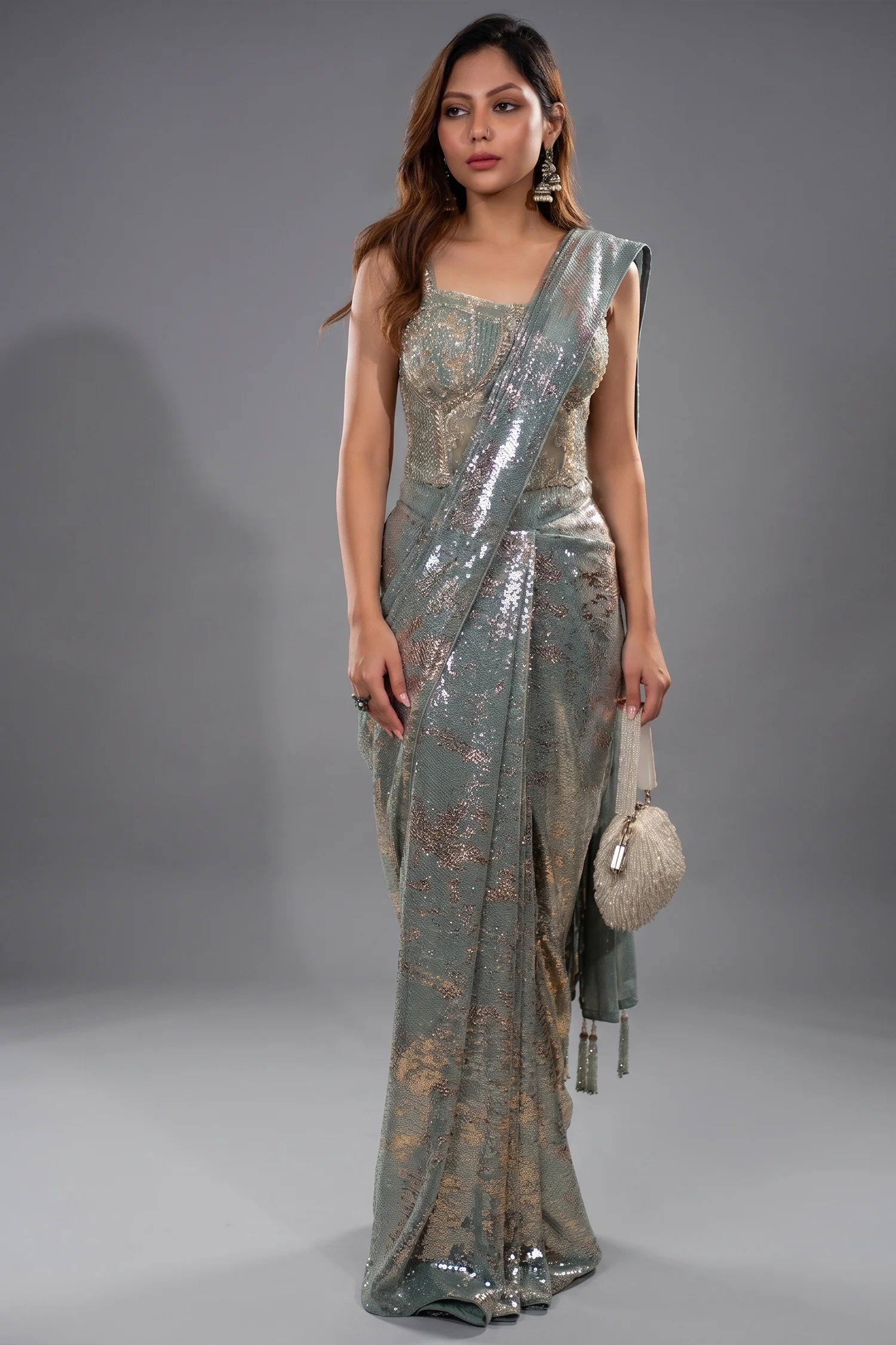Mint Blue Lycra Net Sequinned Ready to Wear Saree with Designer Corset Blouse - Image 2