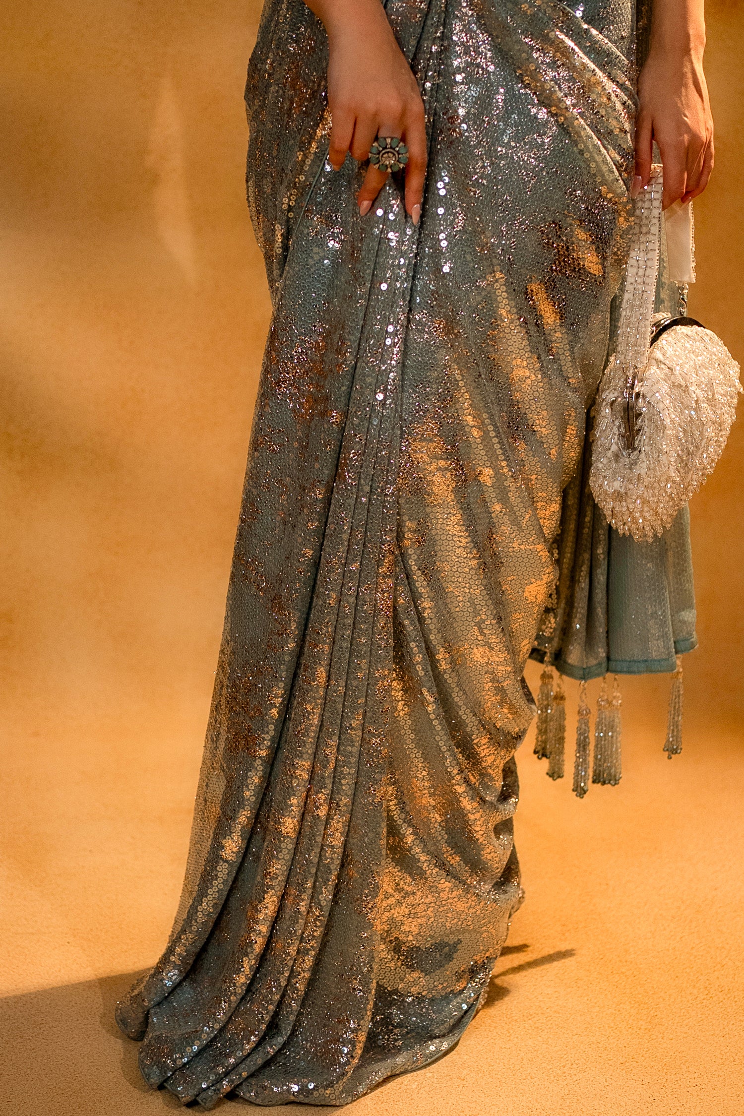Mint Blue Lycra Net Sequinned Ready to Wear Saree with Designer Corset Blouse - Image 6