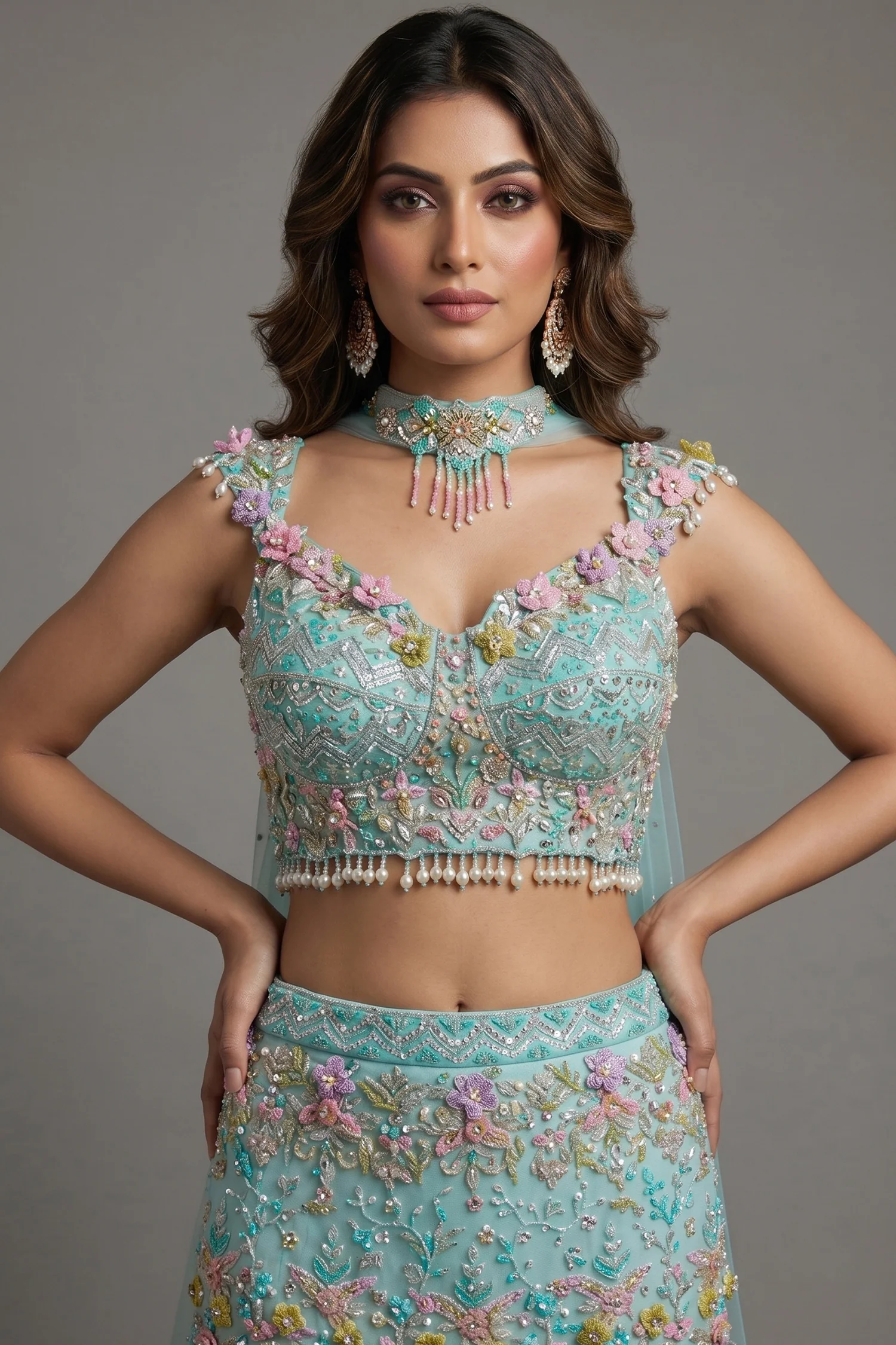Mint Blue Net Designer Sequinned and Beaded Work Fish Cut Lehenga - Image 2