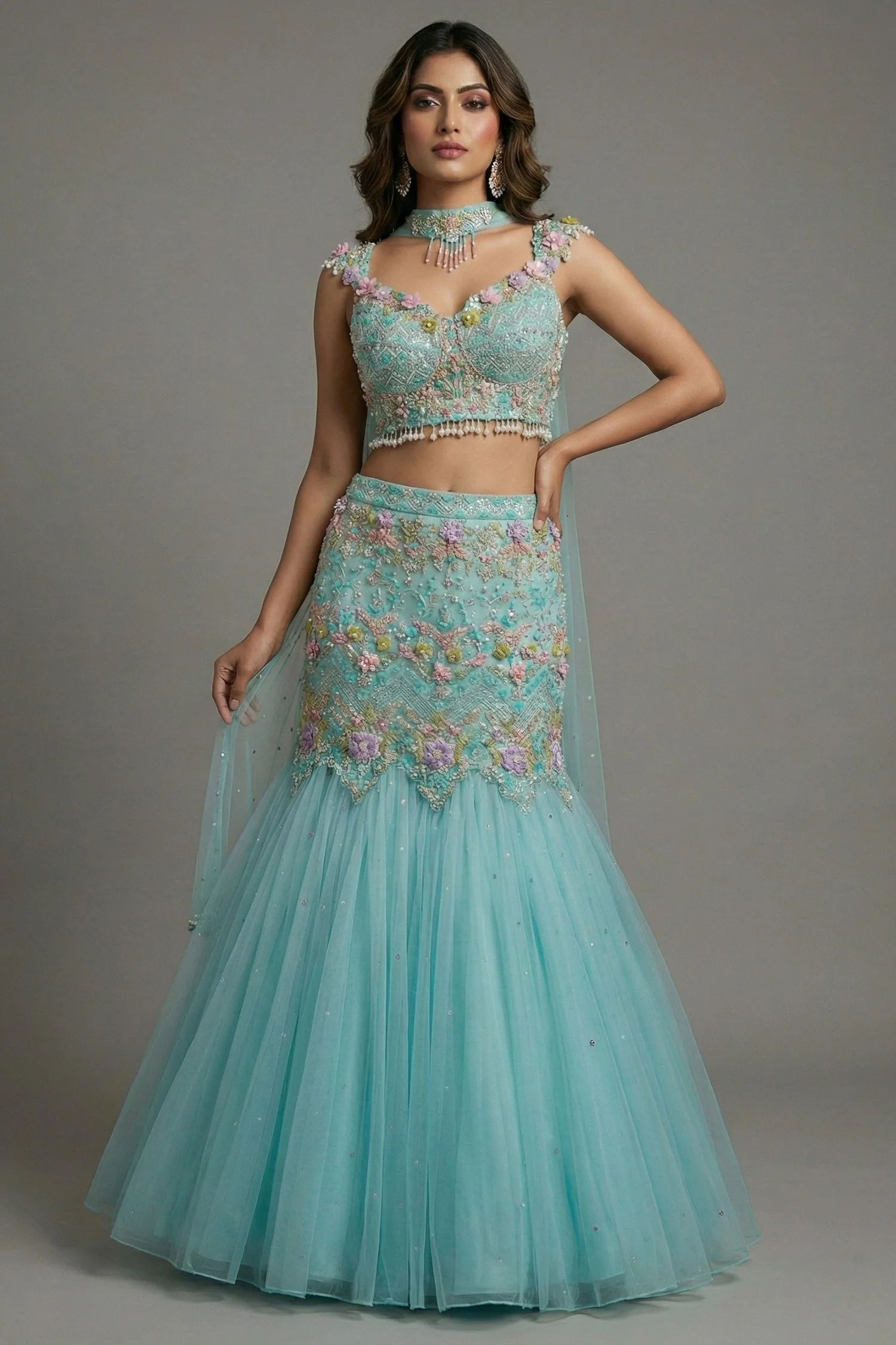 Mint Blue Net Designer Sequinned and Beaded Work Fish Cut Lehenga - Image 3