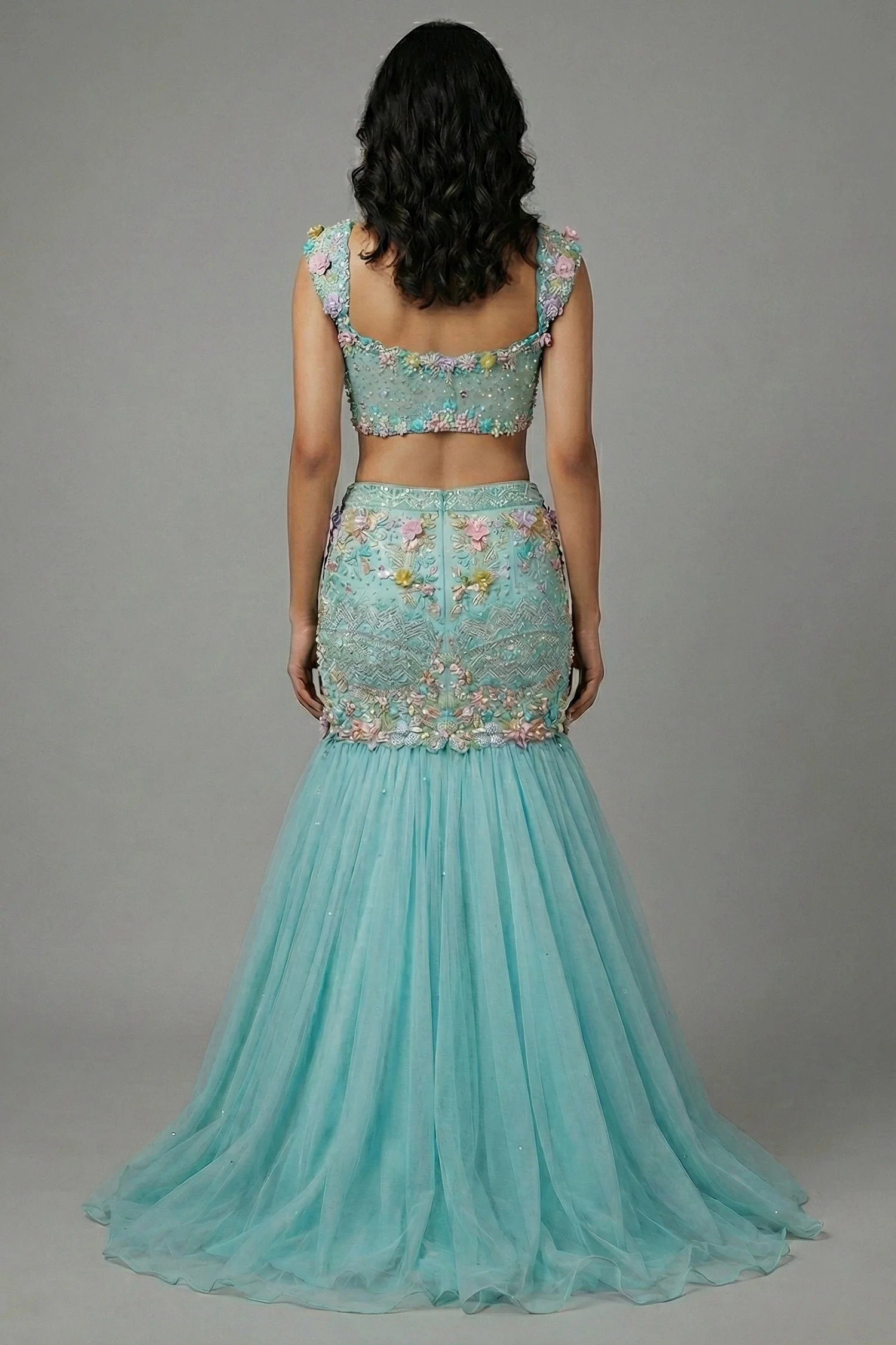 Mint Blue Net Designer Sequinned and Beaded Work Fish Cut Lehenga - Image 4