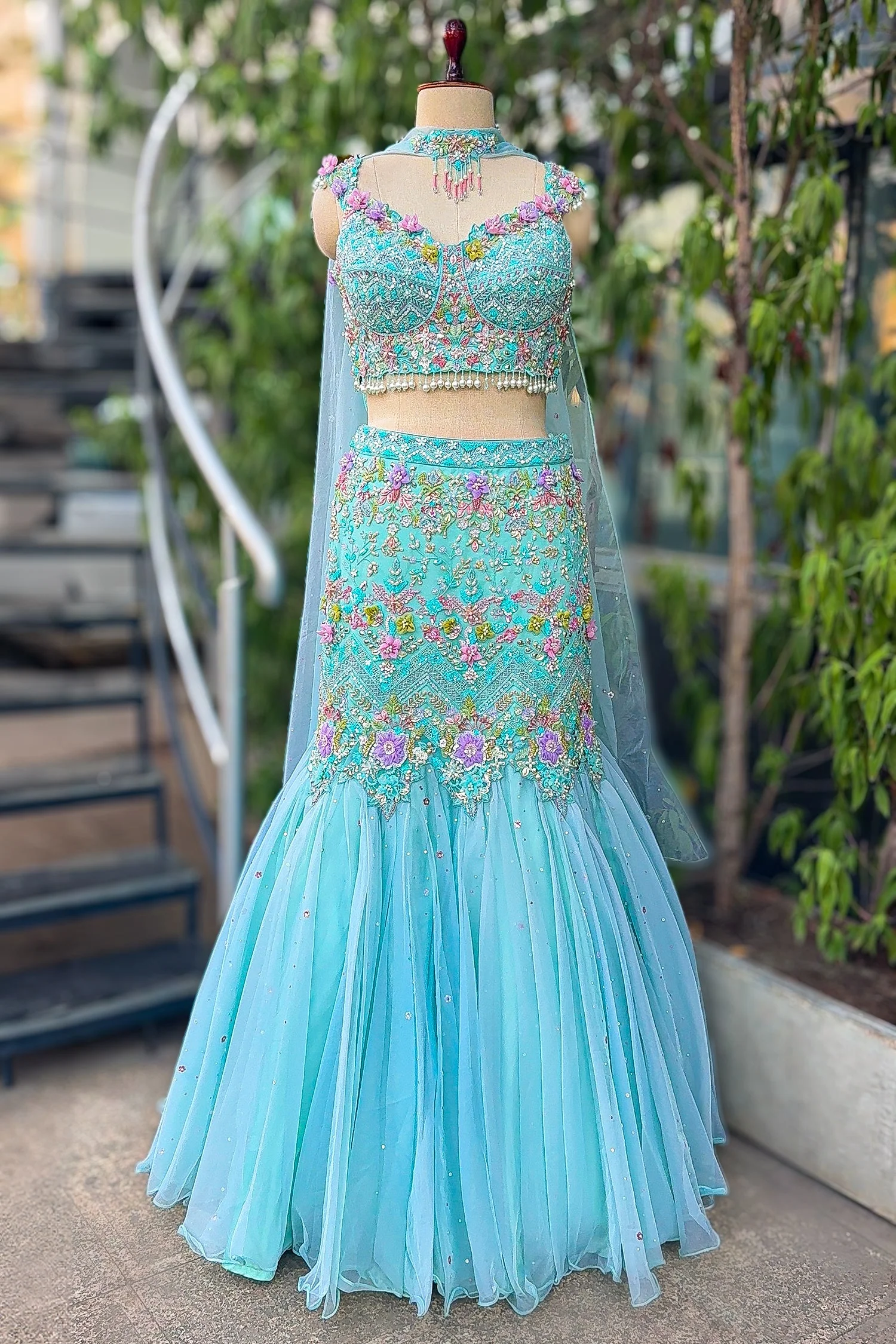 Mint Blue Net Designer Sequinned and Beaded Work Fish Cut Lehenga - Image 5