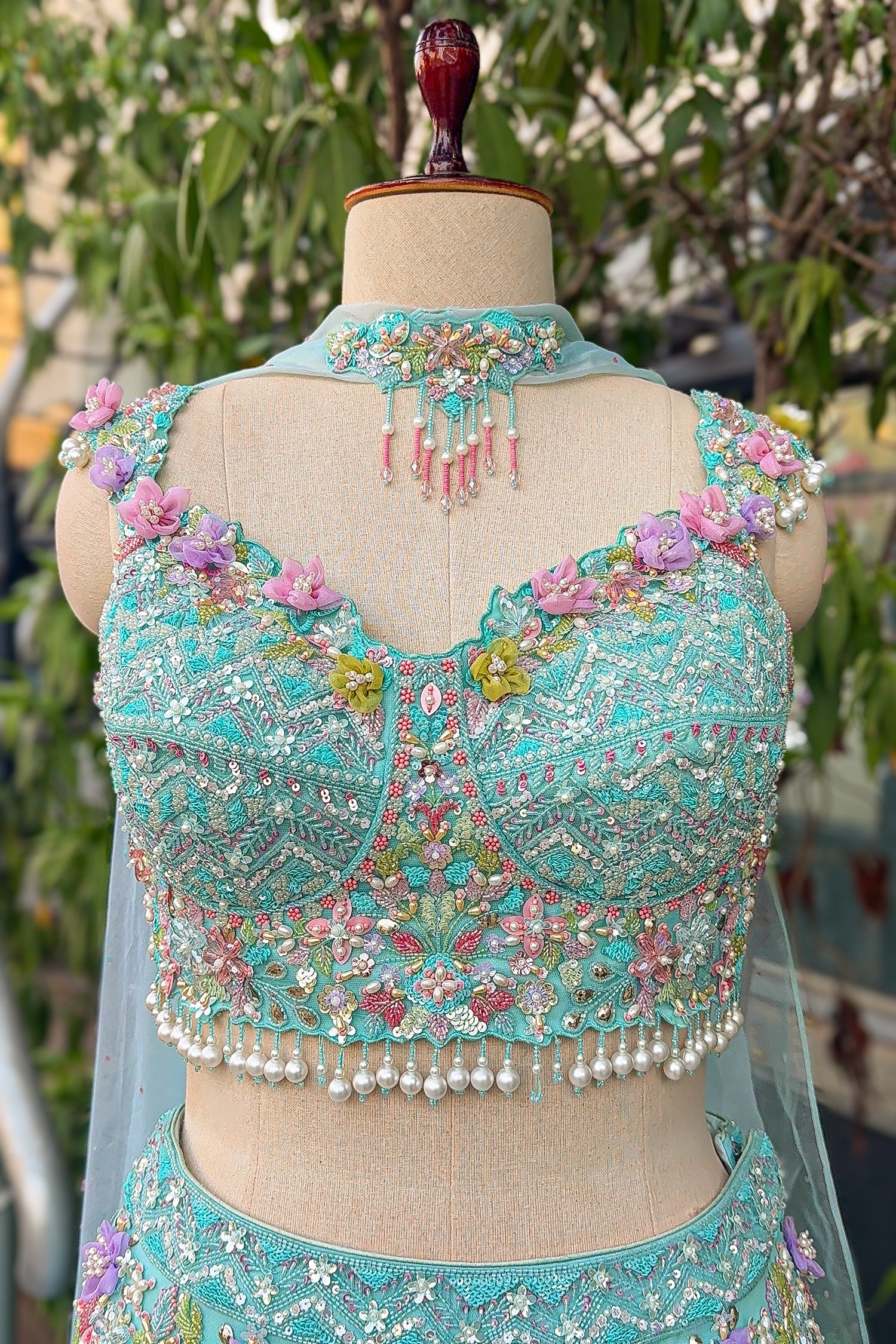 Mint Blue Net Designer Sequinned and Beaded Work Fish Cut Lehenga - Image 6