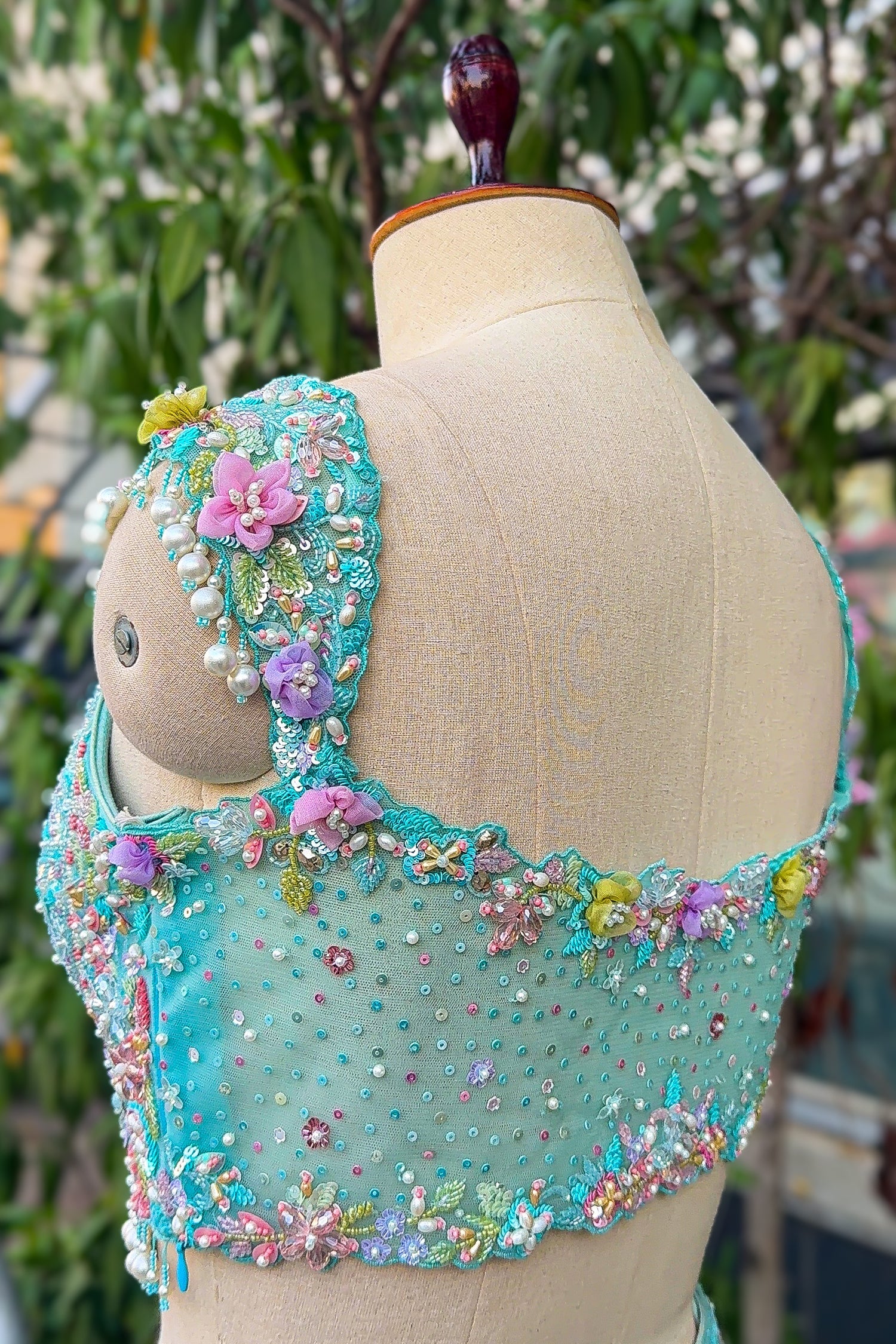 Mint Blue Net Designer Sequinned and Beaded Work Fish Cut Lehenga - Image 7