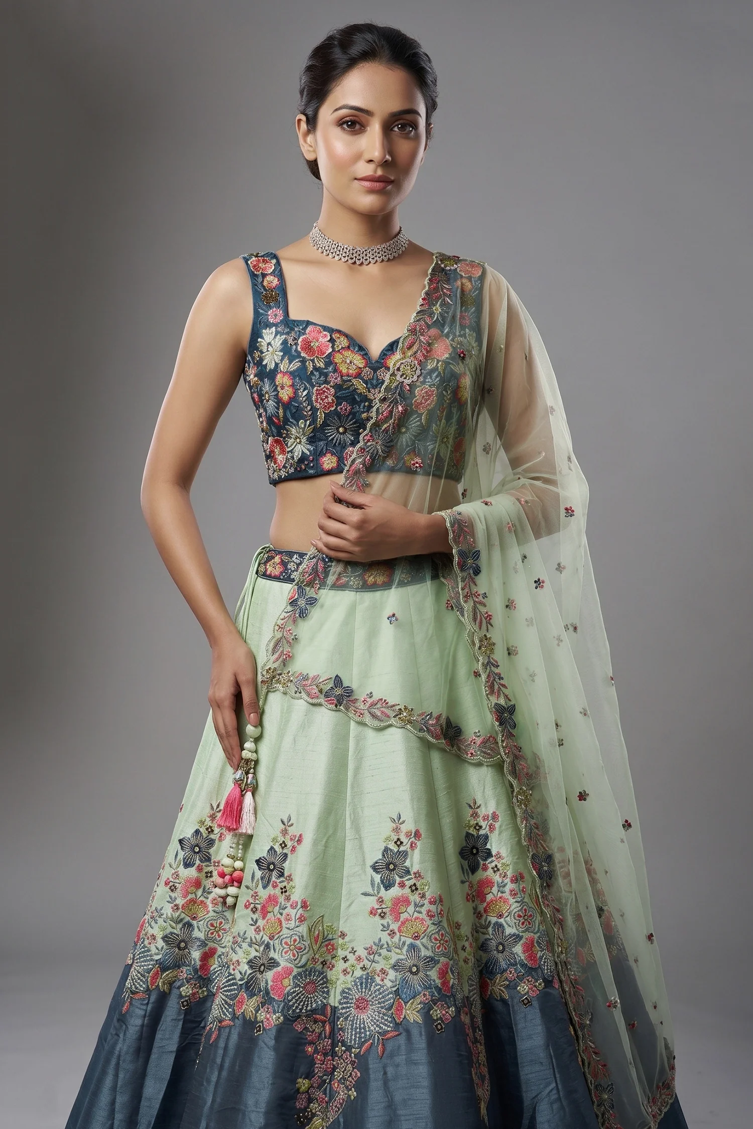 Mint Green and Blue Raw Silk Floral Embroidered Lehenga - Image 2