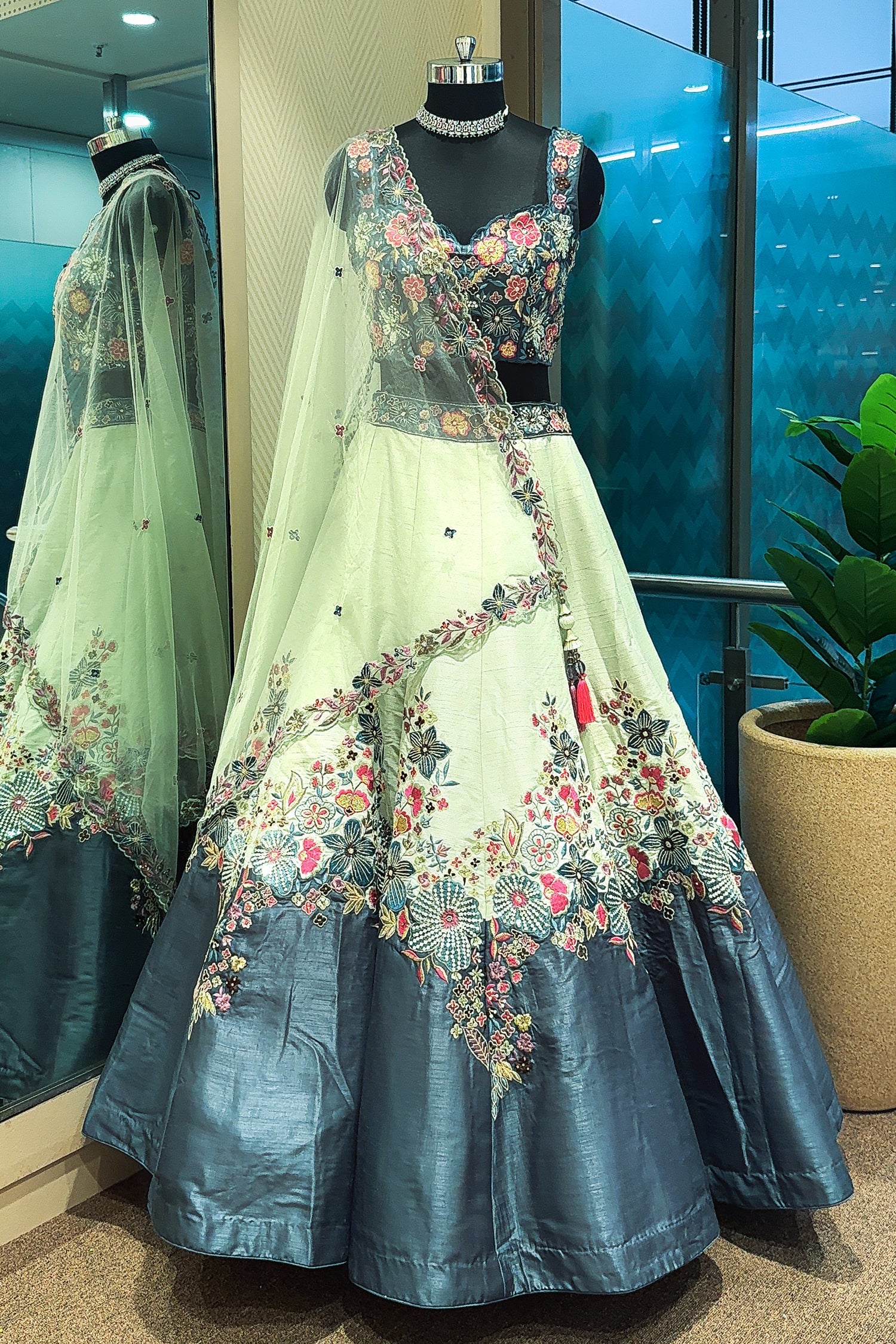 Mint Green and Blue Raw Silk Floral Embroidered Lehenga - Image 3