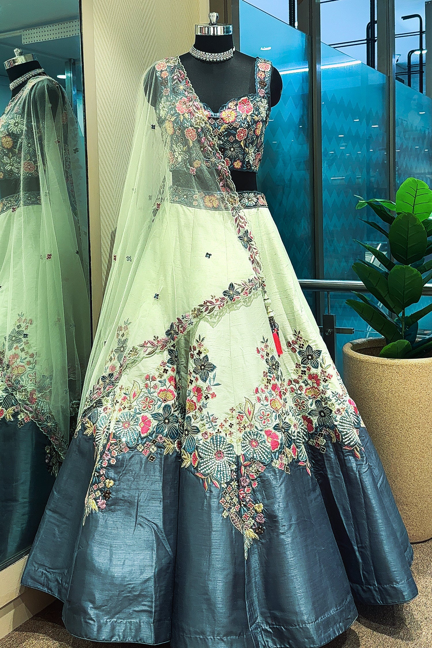 Mint Green and Blue Raw Silk Floral Embroidered Lehenga - Image 4