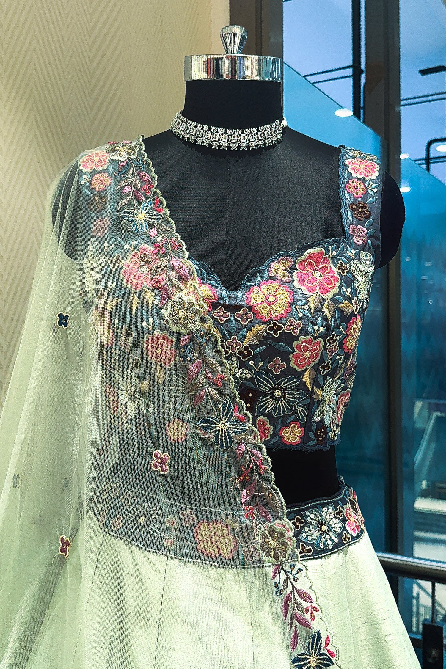 Mint Green and Blue Raw Silk Floral Embroidered Lehenga - Image 5