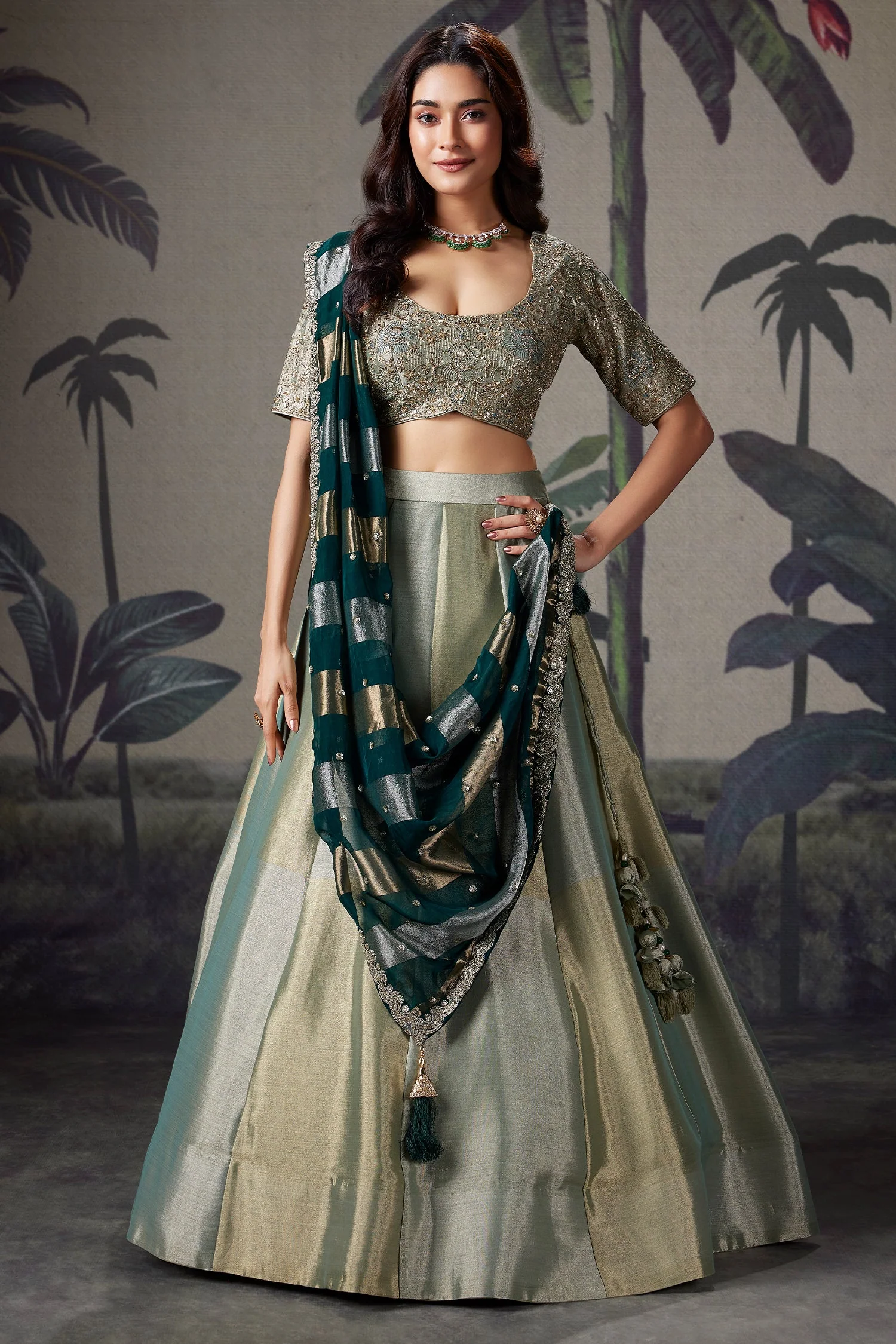 Mint Green and Golden Tissue Lehenga with Zardosi and Sequin Work - Image 3
