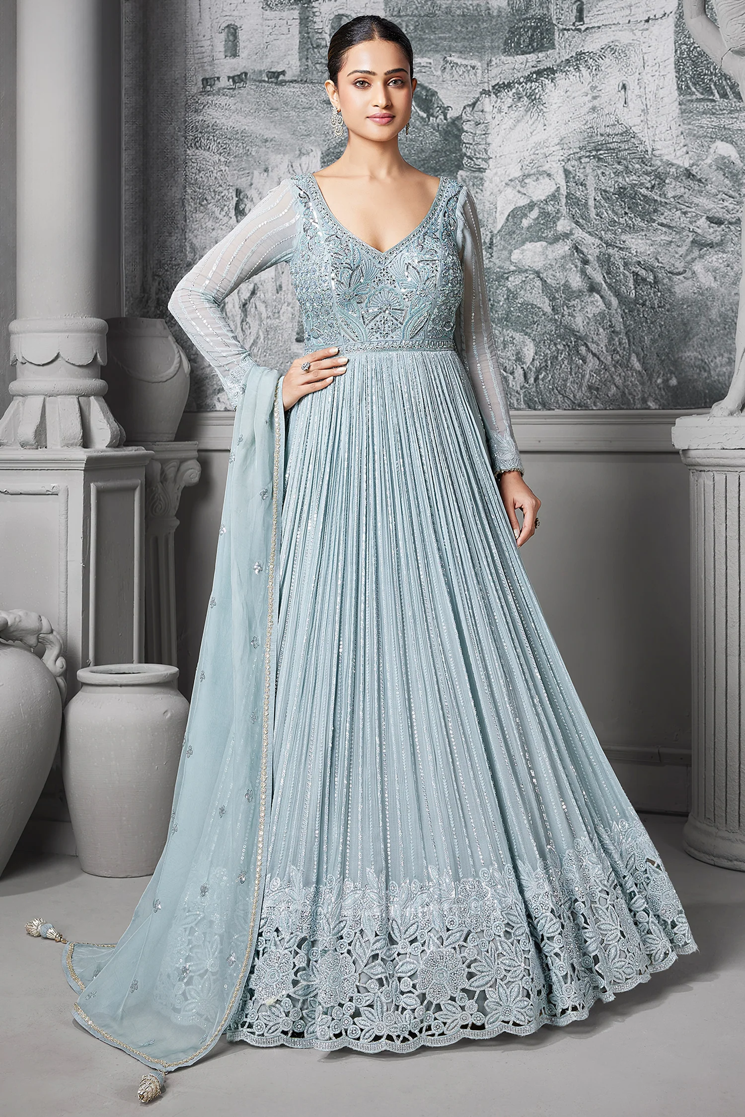 Mint Green Georgette Sequin Cutdana Bodice Anarkali Suit with Cutwork Floral Border - Image 2