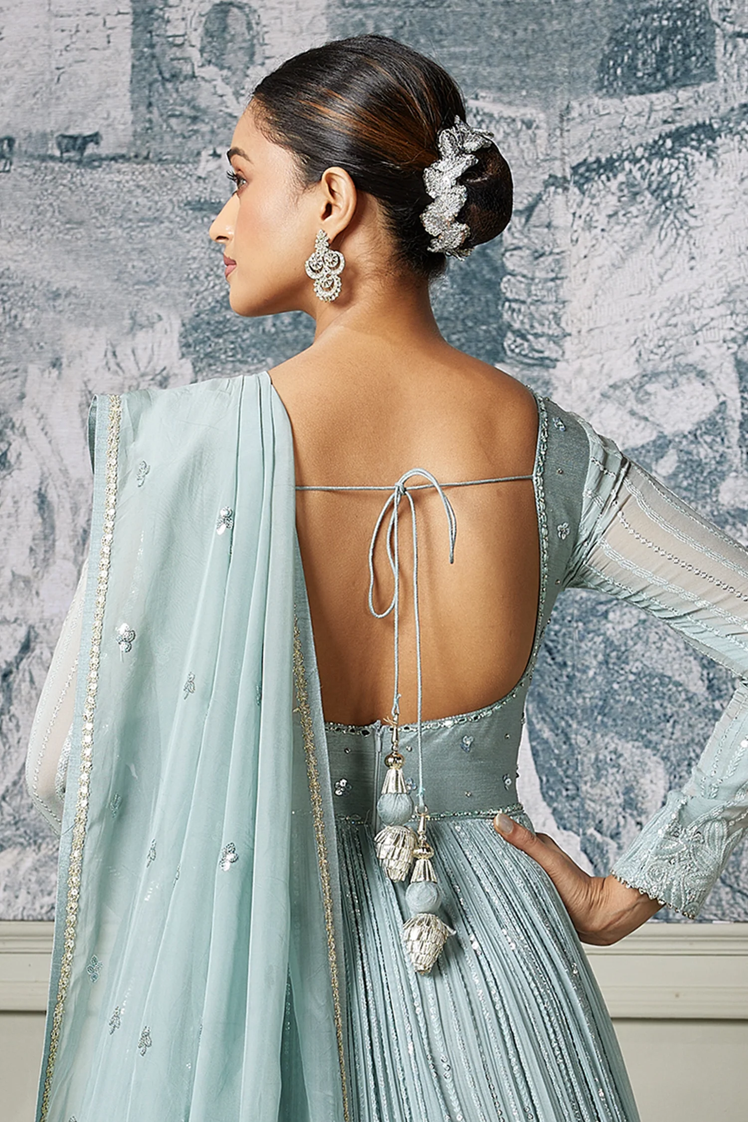 Mint Green Georgette Sequin Cutdana Bodice Anarkali Suit with Cutwork Floral Border - Image 3