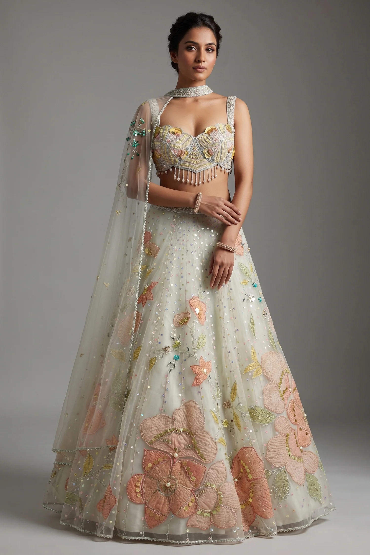 Mint Green Net Designer Floral Patch Worked Lehenga with Cape Dupatta