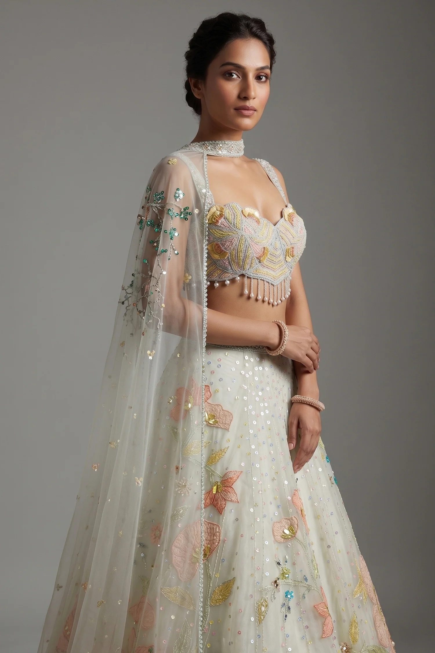 Mint Green Net Designer Floral Patch Worked Lehenga with Cape Dupatta - Image 2