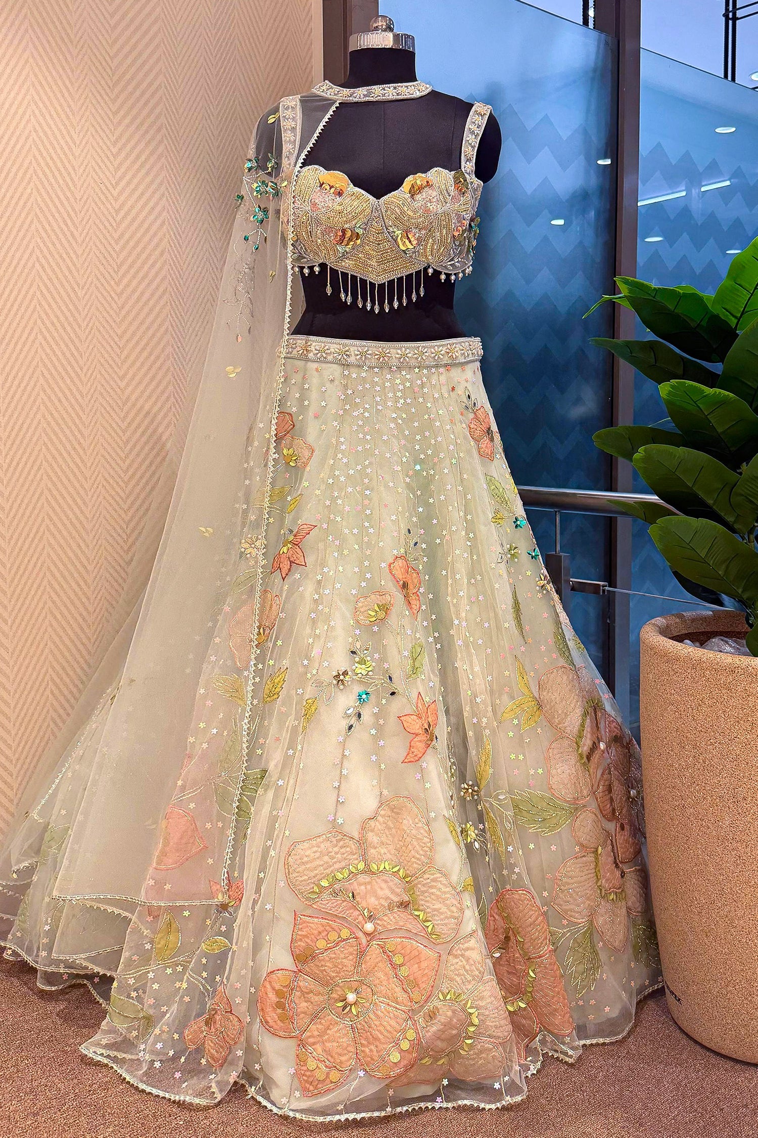 Mint Green Net Designer Floral Patch Worked Lehenga with Cape Dupatta - Image 3