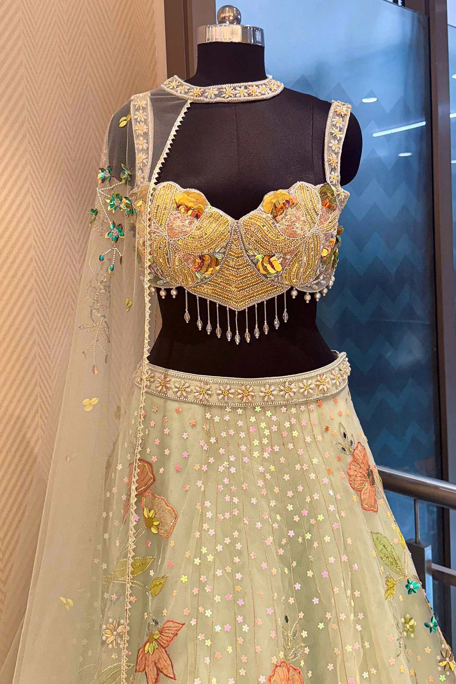 Mint Green Net Designer Floral Patch Worked Lehenga with Cape Dupatta - Image 4