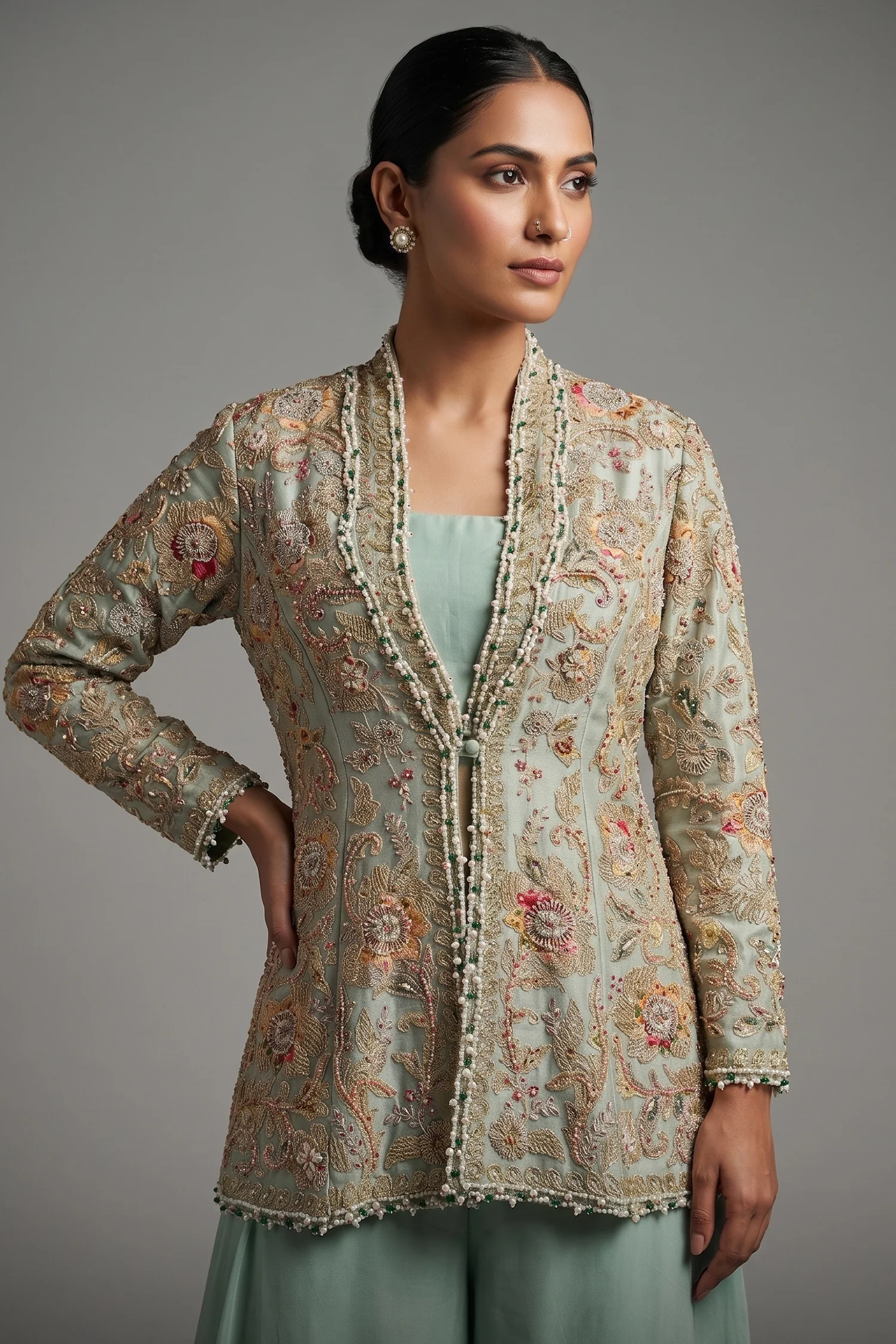 Mint Green Silk Handworked Indo Western Set - Image 2
