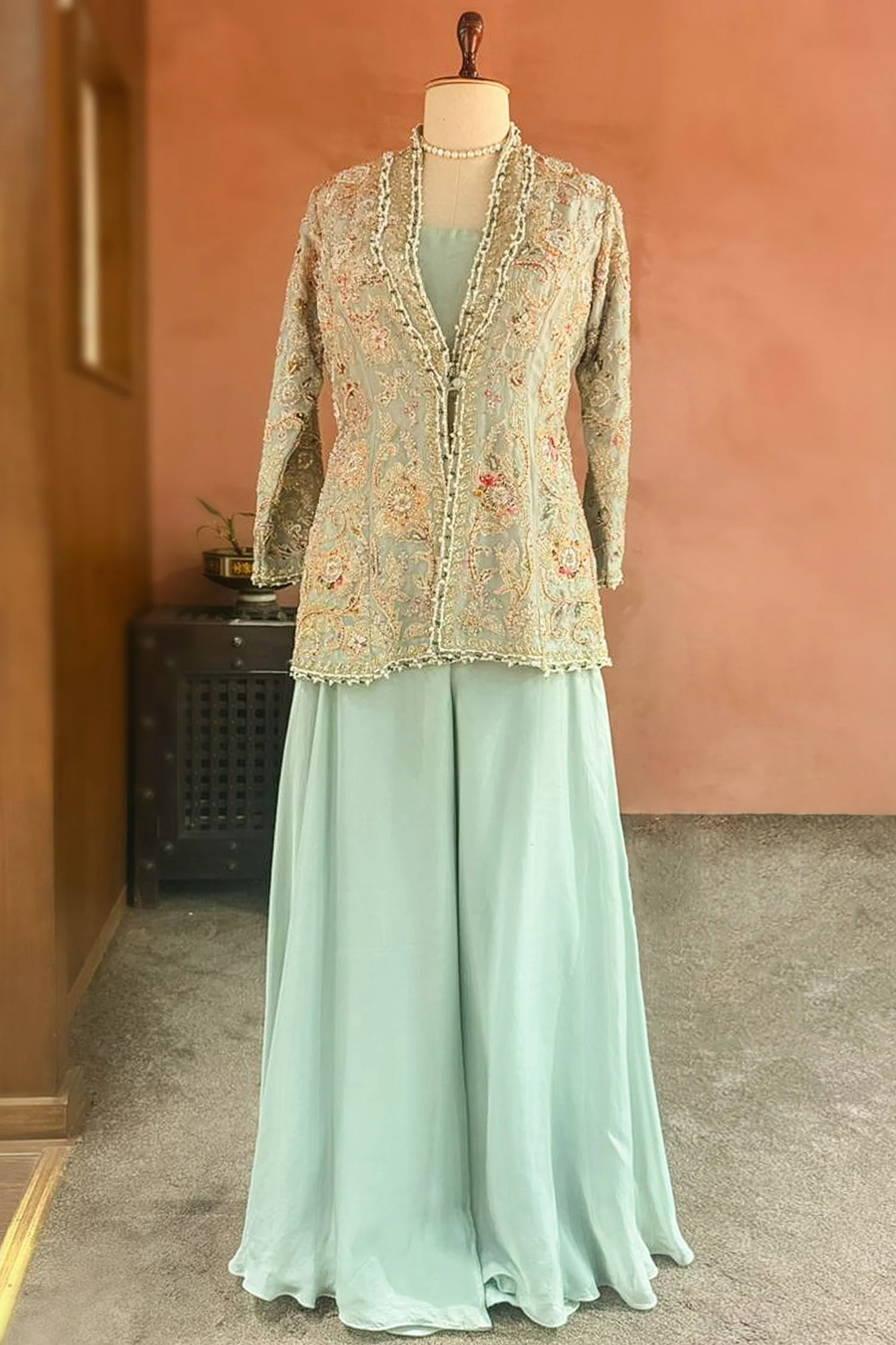 Mint Green Silk Handworked Indo Western Set - Image 3